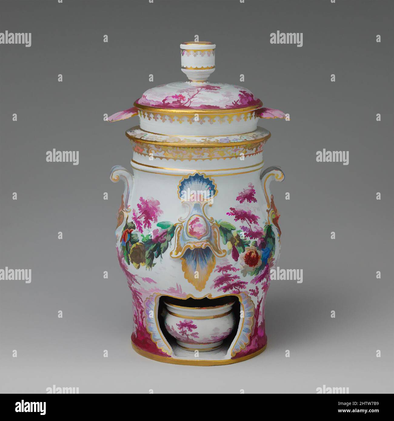 Arte ispirata al réchaud a forma di barile, ca. 1760, Italiano, Firenze, porcellana a pasta morbida, altezza: 10 1/2" (26,7 cm), Ceramica-porcellana, opere classiche modernizzate da Artotop con un tuffo di modernità. Forme, colore e valore, impatto visivo accattivante sulle emozioni artistiche attraverso la libertà delle opere d'arte in modo contemporaneo. Un messaggio senza tempo che persegue una nuova direzione selvaggiamente creativa. Artisti che si rivolgono al supporto digitale e creano l'NFT Artotop Foto Stock