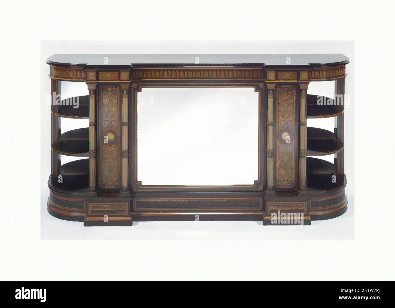 Arte ispirata da Cabinet, ca. 1870–75, British, London, Mahogany impiallacciato con ebano e ebano Macassar, intarsiato con bosso e avorio, vetro, H. 39-1/2 x W. 81 x D. 23 poll. (100,3 x 205,7 x 58,4 cm), Arredamenti in legno, opere classiche modernizzate da Artotop con un tocco di modernità. Forme, colore e valore, impatto visivo accattivante sulle emozioni artistiche attraverso la libertà delle opere d'arte in modo contemporaneo. Un messaggio senza tempo che persegue una nuova direzione selvaggiamente creativa. Artisti che si rivolgono al supporto digitale e creano l'NFT Artotop Foto Stock