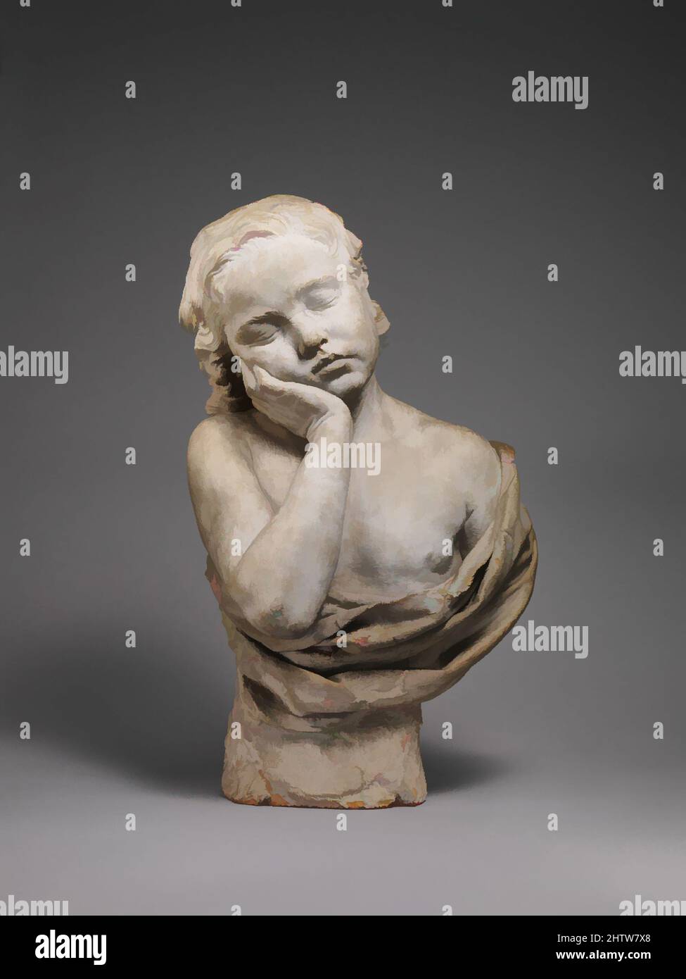 Arte ispirata da Sleeping Boy, ca. 1774, Italiano, Roma, Terracotta, dipinto di bianco, Totale (confermato): 22 9/16 x 14 x 10 1/8 pollici, 53,9 libbre (57,3 x 35,6 x 25,7 cm, 24,4 kg), scultura, Philippe Laurent Roland (francese, Pont-à-Marc 1746–1816 Parigi), dato lo scultore Philippe-Laurent, opere classiche modernizzate da Artotop con un tuffo di modernità. Forme, colore e valore, impatto visivo accattivante sulle emozioni artistiche attraverso la libertà delle opere d'arte in modo contemporaneo. Un messaggio senza tempo che persegue una nuova direzione selvaggiamente creativa. Artisti che si rivolgono al supporto digitale e creano l'NFT Artotop Foto Stock