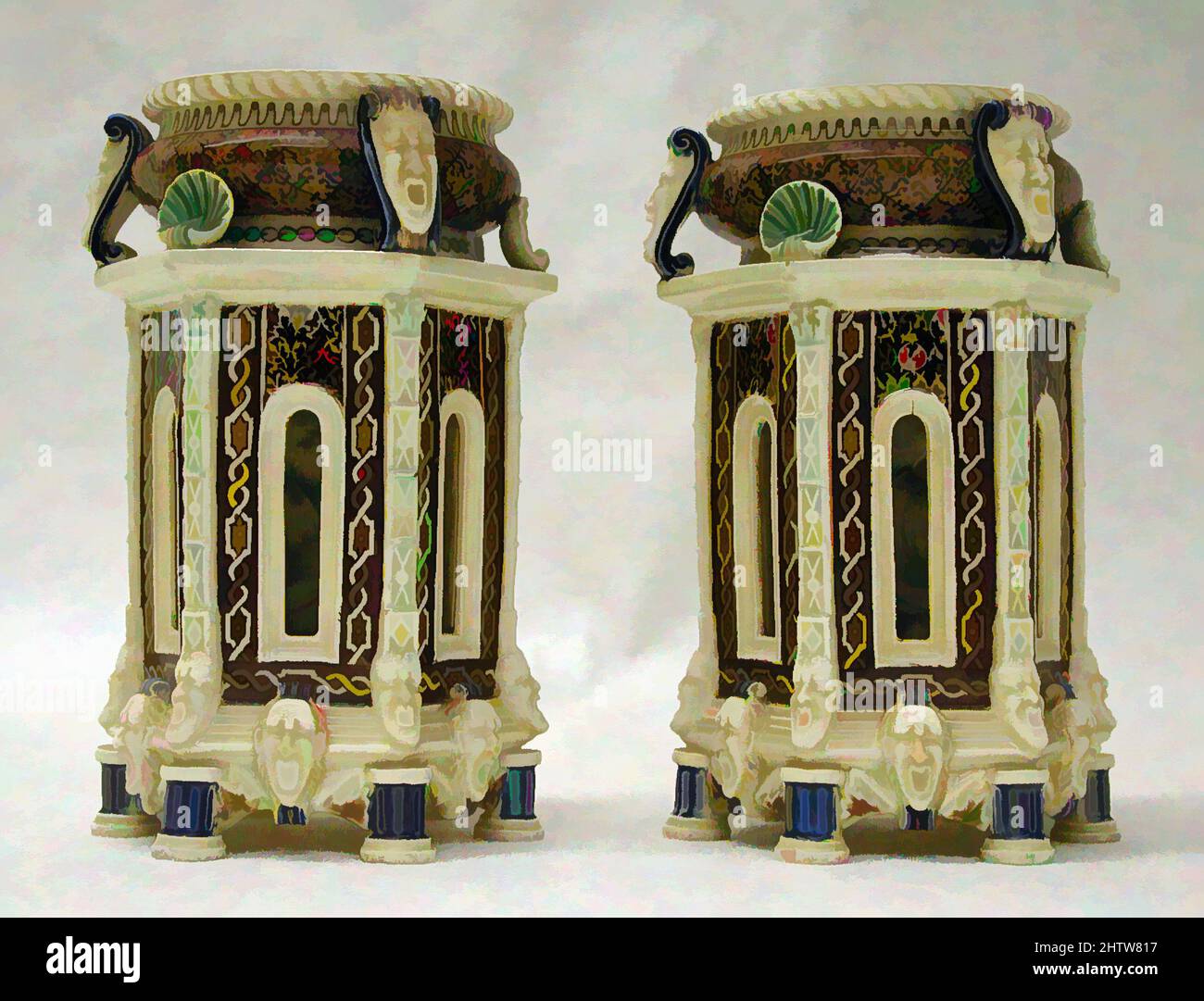 Art Inspired by Pair of Salts, 1870s, British, Stoke-on-Trent, Staffordshire, Terracotta bianca smaltata in piombo, totale (1, peso confermato): 5 1/4 x 3 3/16 poll., 1 lb. (13,3 x 8,1 cm, 0,5 kg), Ceramica-ceramica, Charles Toft (attivo ca. 1868–1882, opere classiche modernizzate da Artotop con un tocco di modernità. Forme, colore e valore, impatto visivo accattivante sulle emozioni artistiche attraverso la libertà delle opere d'arte in modo contemporaneo. Un messaggio senza tempo che persegue una nuova direzione selvaggiamente creativa. Artisti che si rivolgono al supporto digitale e creano l'NFT Artotop Foto Stock