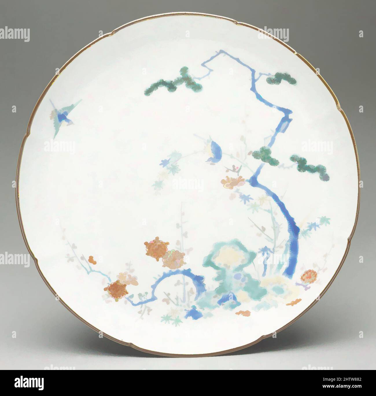 Arte ispirata a Dish, ca. 1700, giapponese, per il mercato europeo, porcellana a pasta dura, diametro: 7 1/2" (19,1 cm), Ceramica-Porcellane-Export, piccole composizioni di uccelli e alberi o fiori sono un pilastro della pittura giapponese. Spesso trasportano associazioni stagionali o letterarie. Questo, opere classiche modernizzate da Artotop con un tuffo di modernità. Forme, colore e valore, impatto visivo accattivante sulle emozioni artistiche attraverso la libertà delle opere d'arte in modo contemporaneo. Un messaggio senza tempo che persegue una nuova direzione selvaggiamente creativa. Artisti che si rivolgono al supporto digitale e creano l'NFT Artotop Foto Stock