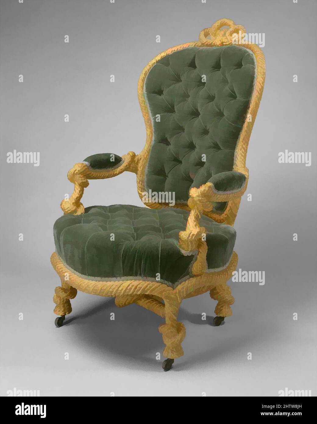 Arte ispirata dalla poltrona, a modo di A. M. E. Fournier (francese, attivo dopo il 1850), ca. 1860, francese, probabilmente Parigi, legno dorato, rivestito in moderno velluto verde tufted, 45 3/8 x 26 1/2 x 24 3/4 pollici (115,3 x 67,3 x 62,9 cm), legno-Arredamento, modo di A. M. E. Fournier (francese, opere classiche modernizzate da Artotop con un tuffo di modernità. Forme, colore e valore, impatto visivo accattivante sulle emozioni artistiche attraverso la libertà delle opere d'arte in modo contemporaneo. Un messaggio senza tempo che persegue una nuova direzione selvaggiamente creativa. Artisti che si rivolgono al supporto digitale e creano l'NFT Artotop Foto Stock