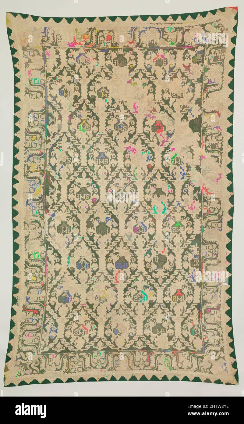 Arte ispirata a tela altare, 16th secolo, italiana o francese, rete ricamata, L. 66 x W. 40 pollici (167,6 x 101,6 cm), tessuti-merletti, opere classiche modernizzate da Artotop con un tuffo di modernità. Forme, colore e valore, impatto visivo accattivante sulle emozioni artistiche attraverso la libertà delle opere d'arte in modo contemporaneo. Un messaggio senza tempo che persegue una nuova direzione selvaggiamente creativa. Artisti che si rivolgono al supporto digitale e creano l'NFT Artotop Foto Stock