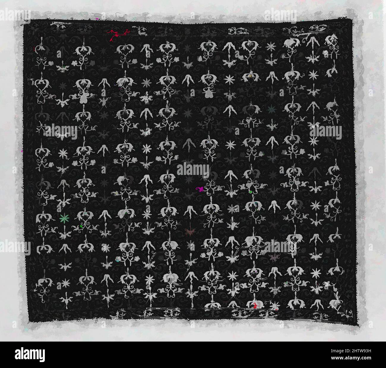 Arte ispirata alla copertina, 16th secolo, italiana, dorata in argento e filo di seta su seta, H. 39 x W. 42 1/2 pollici (99,1 x 108 cm), tessuti ricamati, opere classiche modernizzate da Artotop con un tuffo di modernità. Forme, colore e valore, impatto visivo accattivante sulle emozioni artistiche attraverso la libertà delle opere d'arte in modo contemporaneo. Un messaggio senza tempo che persegue una nuova direzione selvaggiamente creativa. Artisti che si rivolgono al supporto digitale e creano l'NFT Artotop Foto Stock