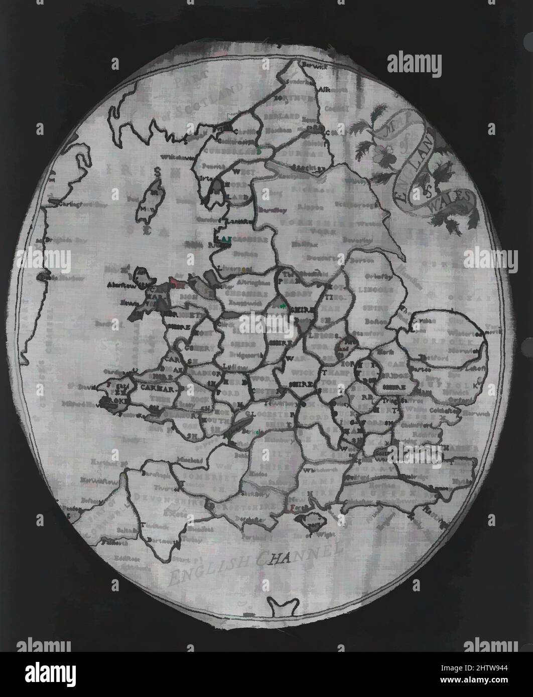 Arte ispirata da Map Sampler, 1822, British, ricamo di seta su lana, H. 17 1/2 x W. 15 pollici (44,5 x 38,1 cm), tessuti-ricamati, opere classiche modernizzate da Artotop con un tuffo di modernità. Forme, colore e valore, impatto visivo accattivante sulle emozioni artistiche attraverso la libertà delle opere d'arte in modo contemporaneo. Un messaggio senza tempo che persegue una nuova direzione selvaggiamente creativa. Artisti che si rivolgono al supporto digitale e creano l'NFT Artotop Foto Stock