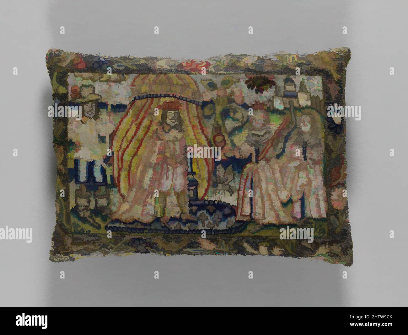 Arte ispirata da Cushion con Solomon e Sheba, metà del 17th secolo, britannico, tela lavorato con seta e filo metallico, perle di semi; tenda, Gobelin, e punti di cimatura, H. 5 x W. 8 pollici (14,0 x 17,7 cm), tessuti-ricamati, la scena di Salomone e la Regina di Sheba è stato probabilmente, opere classiche modernizzate da Artotop con un tuffo di modernità. Forme, colore e valore, impatto visivo accattivante sulle emozioni artistiche attraverso la libertà delle opere d'arte in modo contemporaneo. Un messaggio senza tempo che persegue una nuova direzione selvaggiamente creativa. Artisti che si rivolgono al supporto digitale e creano l'NFT Artotop Foto Stock