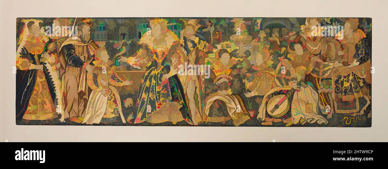 Arte ispirata a Valance, 1580–1610, probabilmente britannica, Canvas lavorato con filo di lana e seta; tende e cuciture in raso, H. 21 x W. 68 pollici (53,3 x 172,7 cm), tessuti-ricamati, opere classiche modernizzate da Artotop con un tuffo di modernità. Forme, colore e valore, impatto visivo accattivante sulle emozioni artistiche attraverso la libertà delle opere d'arte in modo contemporaneo. Un messaggio senza tempo che persegue una nuova direzione selvaggiamente creativa. Artisti che si rivolgono al supporto digitale e creano l'NFT Artotop Foto Stock