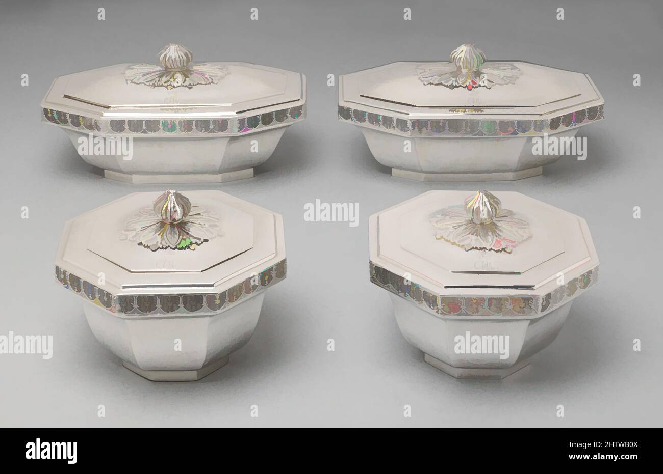 Arte ispirata a Box, ca. 1800, tedesco, Stoccarda, argento, 5 11/16 x 5 7/8 x 4 15/16 pollici (14,5 x 15 x 12,5 cm), Metalwork-Silver, queste scatole d'argento, parte di argento più grande, presumibilmente sono state utilizzate per mantenere dolci e altre prelibatezze, come suggeriscono la forma pratica e i coperchi a chiusura ermetica. Le opere, Classic modernizzate da Artotop con un tuffo di modernità. Forme, colore e valore, impatto visivo accattivante sulle emozioni artistiche attraverso la libertà delle opere d'arte in modo contemporaneo. Un messaggio senza tempo che persegue una nuova direzione selvaggiamente creativa. Artisti che si rivolgono al supporto digitale e creano l'NFT Artotop Foto Stock Arte ispirata a Box, ca. 1800, tedesco, Stoccarda, argento, 5 11/16 x 5 7/8 x 4 15/16 pollici (14,5 x 15 x 12,5 cm), Metalwork-Silver, queste scatole d'argento, parte di argento più grande, presumibilmente sono state utilizzate per mantenere dolci e altre prelibatezze, come suggeriscono la forma pratica e i coperchi a chiusura ermetica. Le opere, Classic modernizzate da Artotop con un tuffo di modernità. Forme, colore e valore, impatto visivo accattivante sulle emozioni artistiche attraverso la libertà delle opere d'arte in modo contemporaneo. Un messaggio senza tempo che persegue una nuova direzione selvaggiamente creativa. Artisti che si rivolgono al supporto digitale e creano l'NFT Artotop Foto Stock
