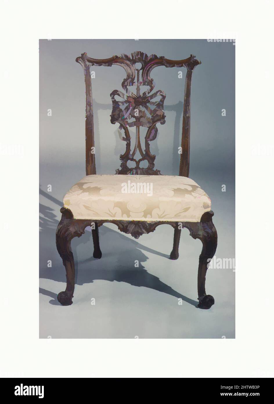 Arte ispirata dalla sedia laterale, metà del 18th secolo, inglese, mogano, damasche moderne, H. 37-7/8 x W. 25-1/4 x D. 24-3/4 poll. (96,2 x 64,1 x 62,9 cm), Woodwork-Furniture, il design si basa su una delle numerose "sedie a coste" della prima edizione dell'influente libro di Thomas Chippendale, opere classiche modernizzate da Artotop con un tocco di modernità. Forme, colore e valore, impatto visivo accattivante sulle emozioni artistiche attraverso la libertà delle opere d'arte in modo contemporaneo. Un messaggio senza tempo che persegue una nuova direzione selvaggiamente creativa. Artisti che si rivolgono al supporto digitale e creano l'NFT Artotop Foto Stock