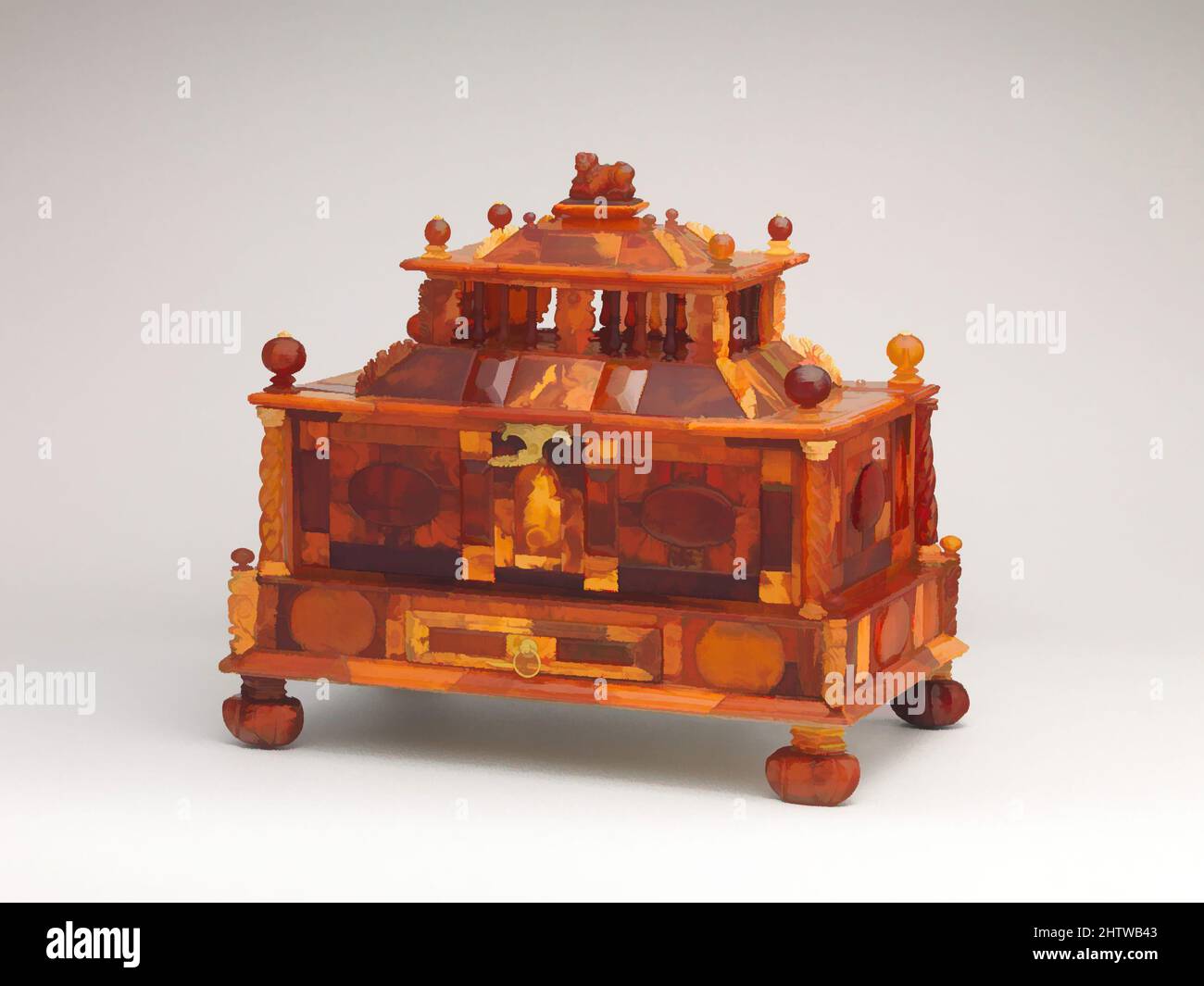 Arte ispirata a Casket, ca. 1680, Polacco, Danzica (Danzica), Ambra, lamina d'oro, Ottone dorato, legno, satinato di seta, carta, tuta: 11 13/16 x 13 x 8 1/4 pollici (30 x 33 x 21 cm); piedistallo: 15 x 24" (38,1 x 61 cm), sostanze naturali, durante l'epoca rinascimentale e barocca, ambra, a, opere classiche modernizzate da Artotop con un tuffo di modernità. Forme, colore e valore, impatto visivo accattivante sulle emozioni artistiche attraverso la libertà delle opere d'arte in modo contemporaneo. Un messaggio senza tempo che persegue una nuova direzione selvaggiamente creativa. Artisti che si rivolgono al supporto digitale e creano l'NFT Artotop Foto Stock