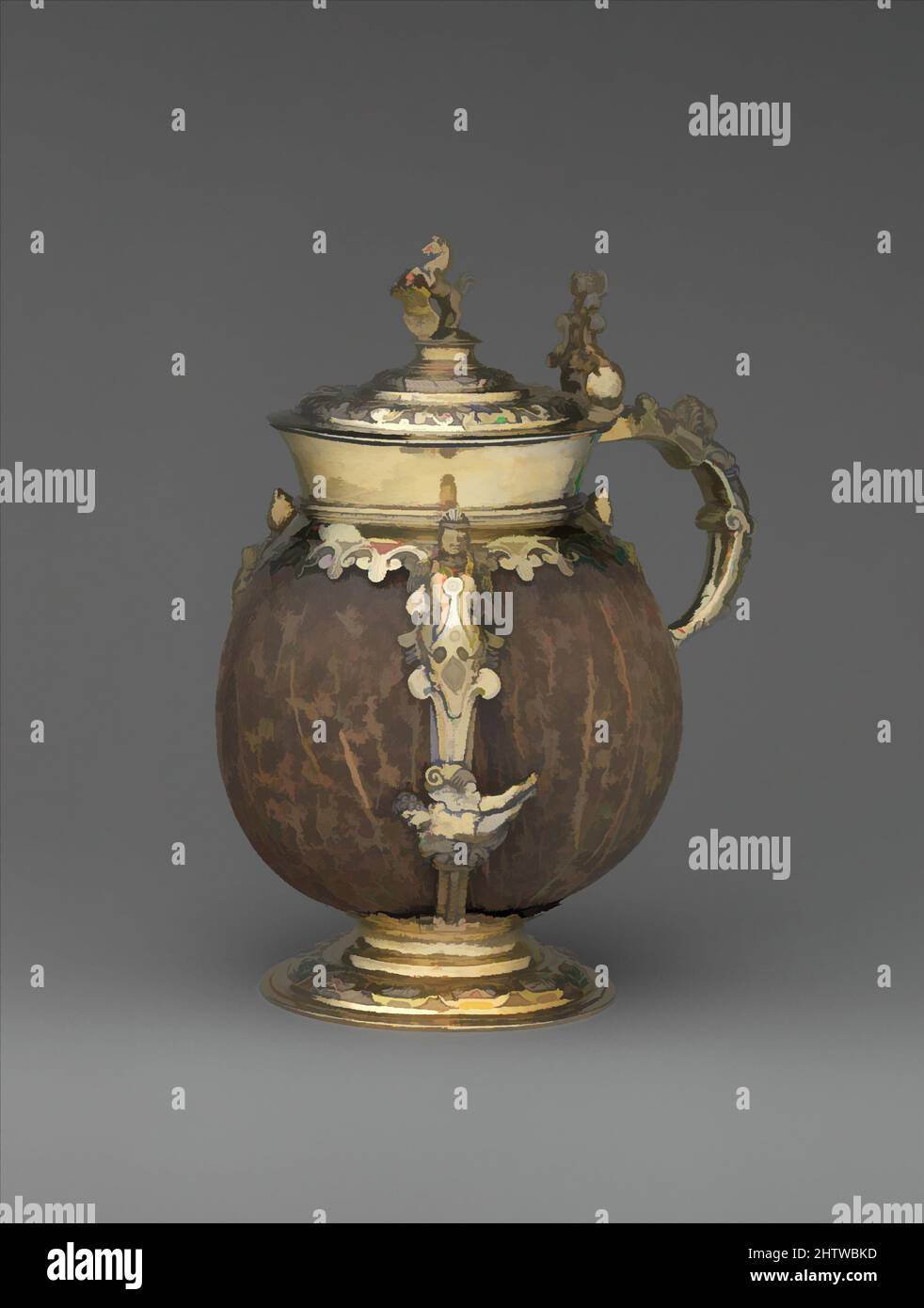 Arte ispirata al tankard di cocco, inizio 17th secolo, ungherese, Nagyszeben, conchiglie di cocco, Argento dorato, tuta: 7 1/4 x 3 7/16 pollici (18,4 x 8,8 cm), metallo-Argento, vasi come questo incarnano il gusto tardo rinascimentale per unire materiali esotici naturali con opere artistiche classiche modernizzate da Artotop con un tuffo di modernità. Forme, colore e valore, impatto visivo accattivante sulle emozioni artistiche attraverso la libertà delle opere d'arte in modo contemporaneo. Un messaggio senza tempo che persegue una nuova direzione selvaggiamente creativa. Artisti che si rivolgono al supporto digitale e creano l'NFT Artotop Foto Stock