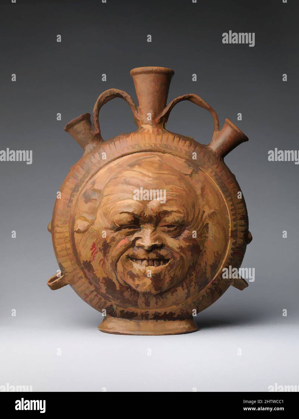 Arte ispirata da fiasca con volto, ca. 1890, francese, Saint-Amand-en-Puisaye, gres smaltati, H. 15 1/2 poll.; peso confermato: 9,5 lb. (39,4 cm, 4,3 kg), Ceramica-ceramica, il volto macinatore rivela i doni dell'artista come scultore, la sua professione prima di diventare un ceramista. Carriès Made, opere classiche modernizzate da Artotop con un tuffo di modernità. Forme, colore e valore, impatto visivo accattivante sulle emozioni artistiche attraverso la libertà delle opere d'arte in modo contemporaneo. Un messaggio senza tempo che persegue una nuova direzione selvaggiamente creativa. Artisti che si rivolgono al supporto digitale e creano l'NFT Artotop Foto Stock