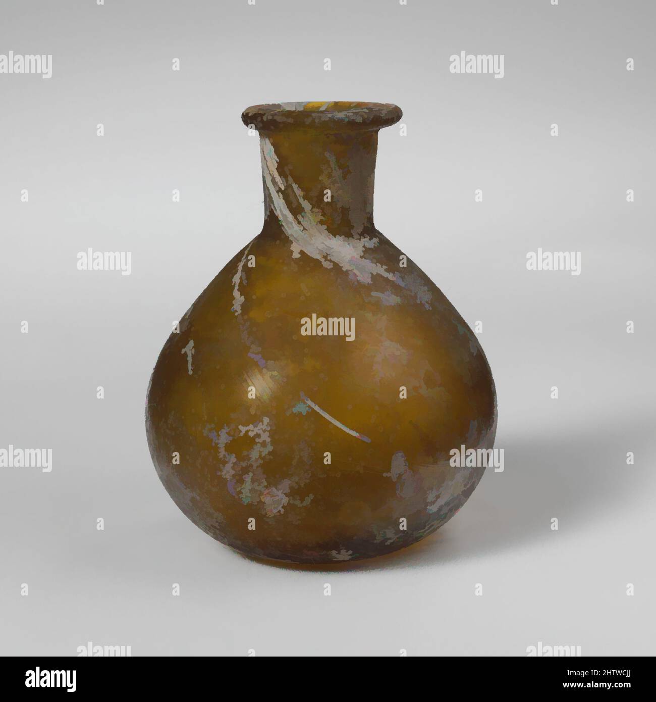 Arte ispirata a bottiglia di profumo di vetro, imperiale antico, 1st secolo d.C., romana, vetro; bruciato, 2 1/2in. (6,4cm), vetro, giallo verdolino traslucido. Bordo ripiegato sopra e dentro la bocca orizzontale; collo corto, cilindrico, rastremato verso il basso; corpo piriforme; Fondo piccolo, leggermente concavo, opere classiche modernizzate da Artotop con un tuffo di modernità. Forme, colore e valore, impatto visivo accattivante sulle emozioni artistiche attraverso la libertà delle opere d'arte in modo contemporaneo. Un messaggio senza tempo che persegue una nuova direzione selvaggiamente creativa. Artisti che si rivolgono al supporto digitale e creano l'NFT Artotop Foto Stock