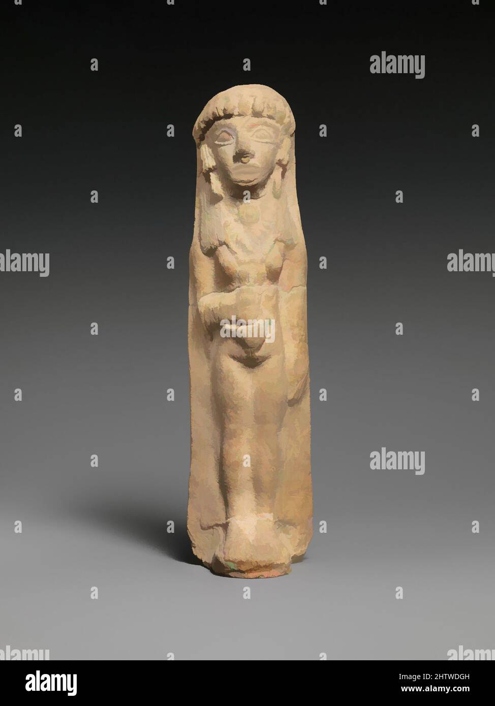 Arte ispirata alla donna di terracotta, Cypro-Archaic II, ca. 600–480 a.C., cipriota, terracotta; stampato, H. 7 9/16 in. (19,2 cm), terracottas, questa figura è associata al culto di Astarte, la dea della fertilità del Vicino Oriente, a Cipro. Una sacerdotessa o un votario, la donna indossa un sottile, Classic opere modernizzate da Artotop con un tuffo di modernità. Forme, colore e valore, impatto visivo accattivante sulle emozioni artistiche attraverso la libertà delle opere d'arte in modo contemporaneo. Un messaggio senza tempo che persegue una nuova direzione selvaggiamente creativa. Artisti che si rivolgono al supporto digitale e creano l'NFT Artotop Foto Stock
