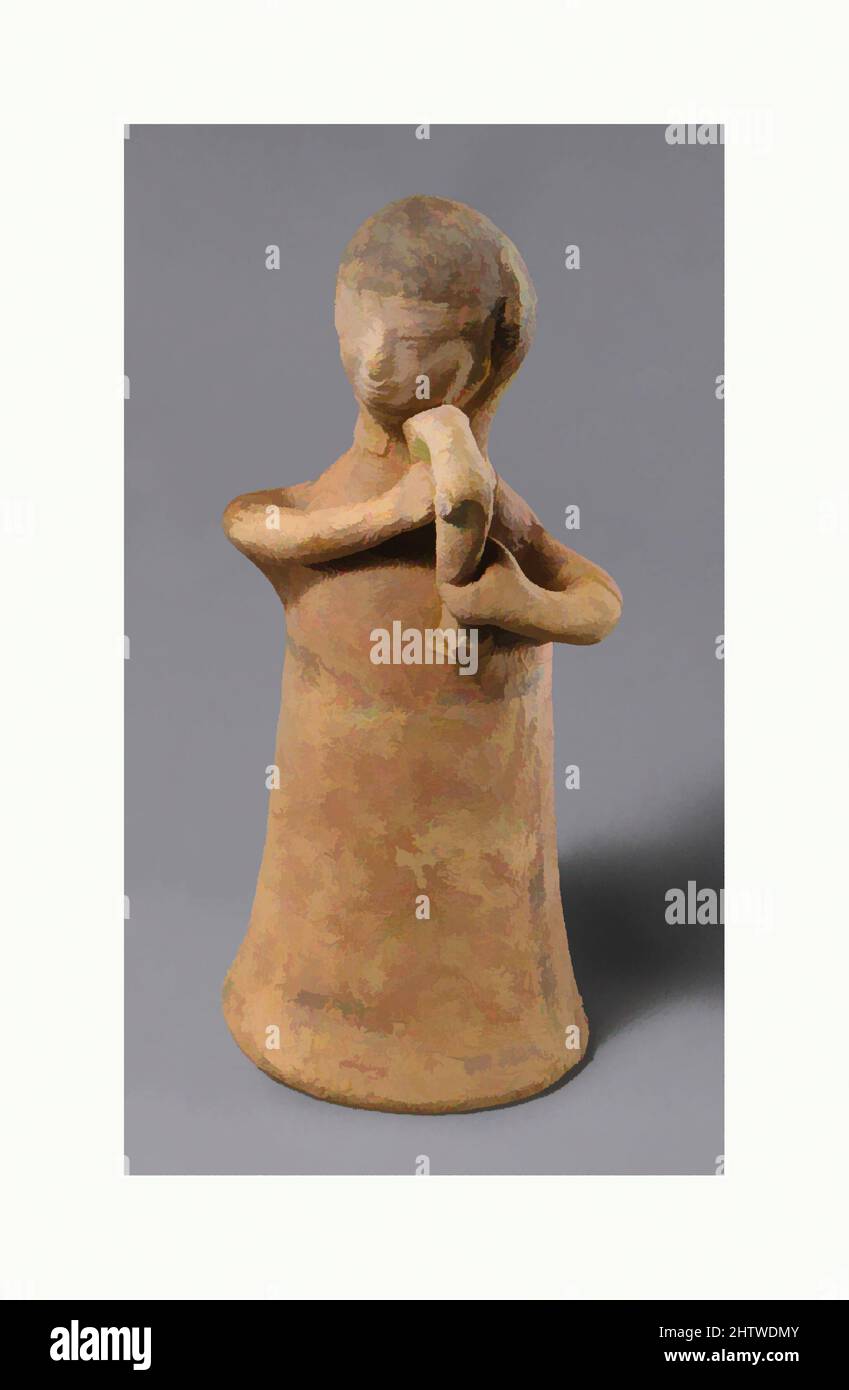 Arte ispirata al musicista femminile di terracotta, Cypro-Archaic II, ca. 600–480 a.C., cipriota, terracotta; gommata, fatta a mano, E modellato, H. 6 13/16 poll. (17,3 cm), terracottas, musicisti compaiono frequentemente tra sculture di calcare e terracotta cipriote. Nella vita reale, una delle loro opere classiche modernizzate da Artotop con un tuffo di modernità. Forme, colore e valore, impatto visivo accattivante sulle emozioni artistiche attraverso la libertà delle opere d'arte in modo contemporaneo. Un messaggio senza tempo che persegue una nuova direzione selvaggiamente creativa. Artisti che si rivolgono al supporto digitale e creano l'NFT Artotop Foto Stock