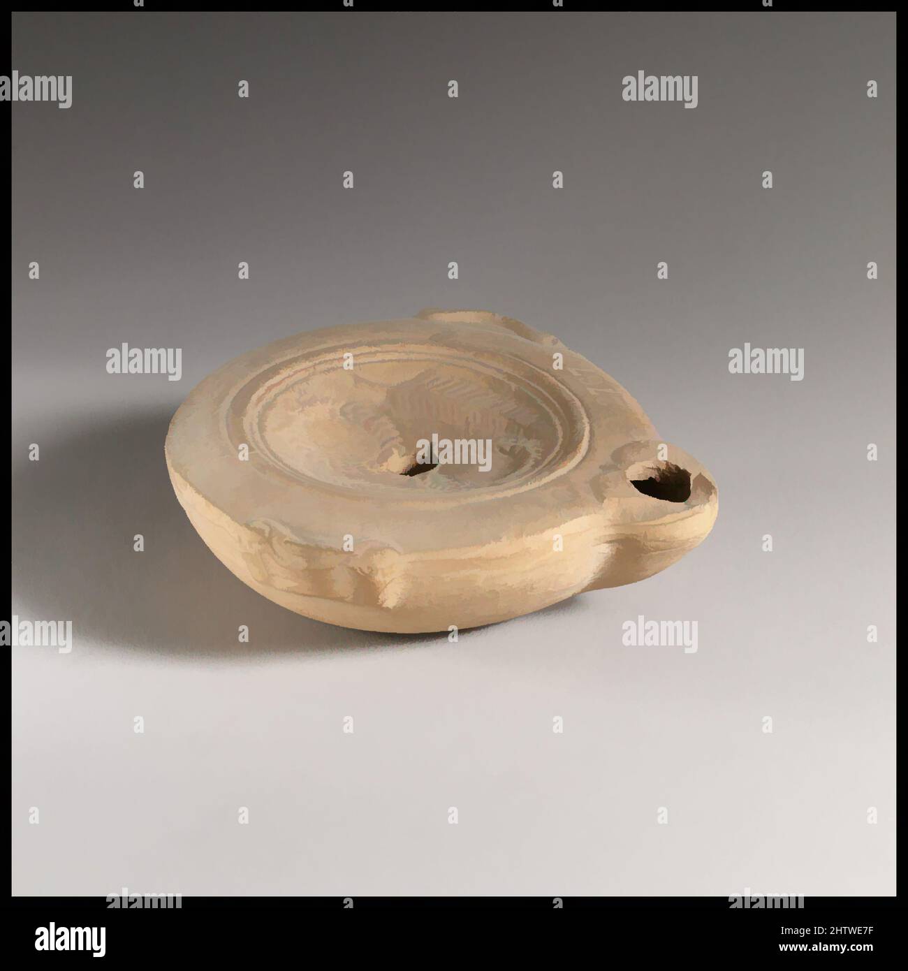 Arte ispirata a lampada, 2nd sec. d.C., romana, terracotta, lunghezza 8,1 cm. H. 2,7 cm., terracottas, opere classiche modernizzate da Artotop con un tuffo di modernità. Forme, colore e valore, impatto visivo accattivante sulle emozioni artistiche attraverso la libertà delle opere d'arte in modo contemporaneo. Un messaggio senza tempo che persegue una nuova direzione selvaggiamente creativa. Artisti che si rivolgono al supporto digitale e creano l'NFT Artotop Foto Stock