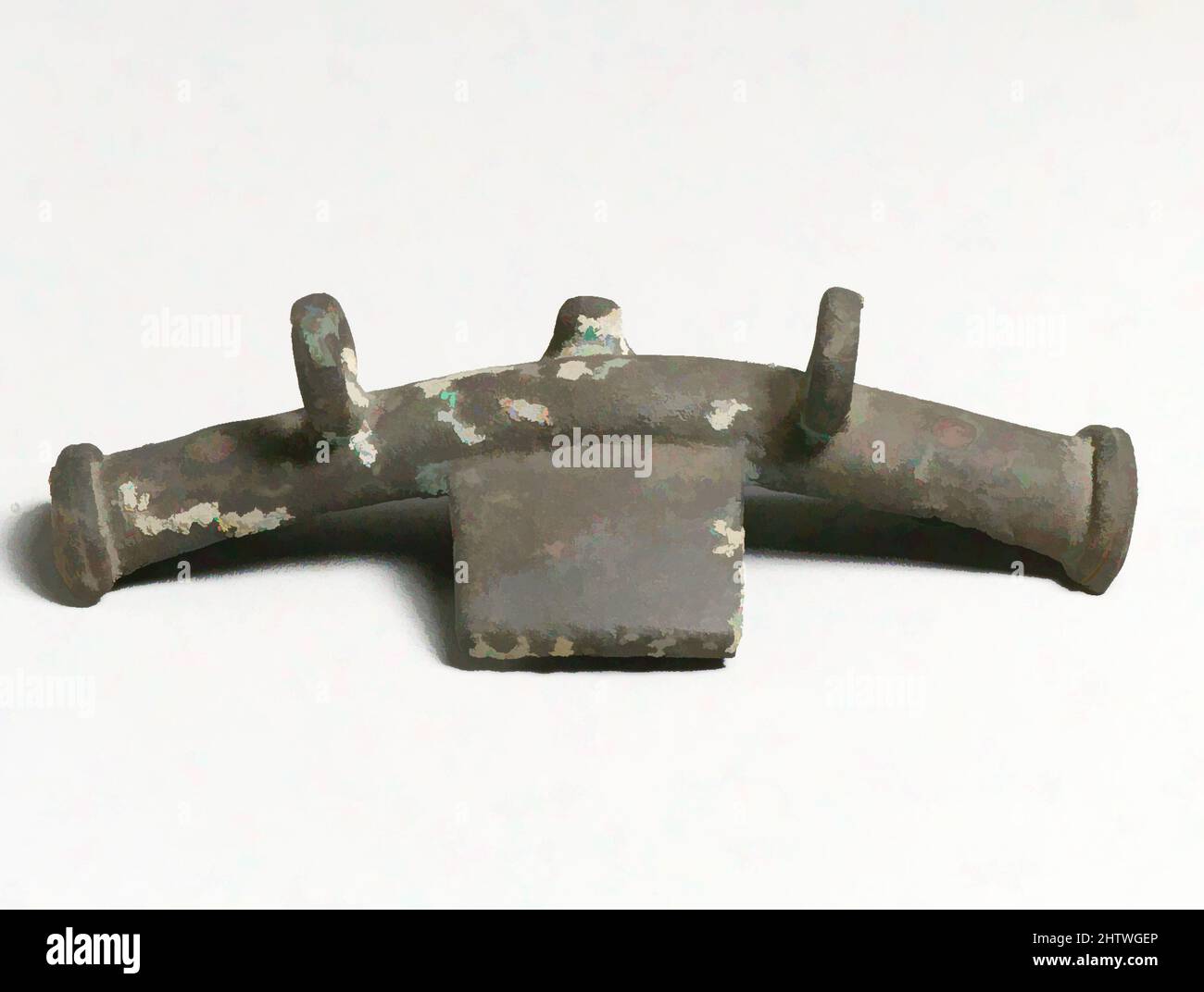 Arte ispirata dal manico di attacco per una ciotola, 8th–7th secolo a.C., cipriota, Bronzo, altro: 4 1/8in. (10,5cm), Bronzi, opere classiche modernizzate da Artotop con un tuffo di modernità. Forme, colore e valore, impatto visivo accattivante sulle emozioni artistiche attraverso la libertà delle opere d'arte in modo contemporaneo. Un messaggio senza tempo che persegue una nuova direzione selvaggiamente creativa. Artisti che si rivolgono al supporto digitale e creano l'NFT Artotop Foto Stock