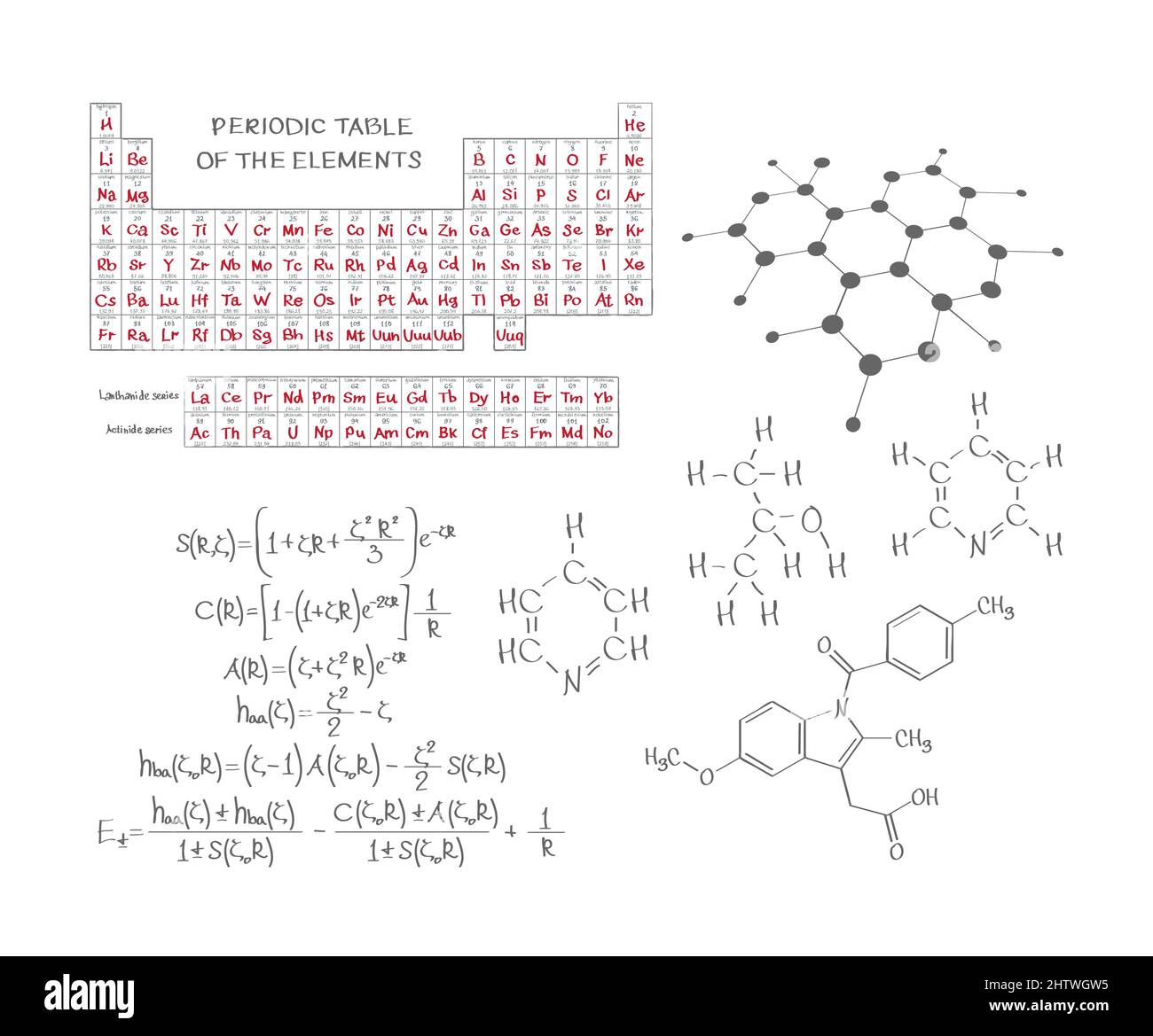 Illustrazione del vettore della tabella chimica e mendeleev isolata su sfondo bianco. Illustrazione Vettoriale
