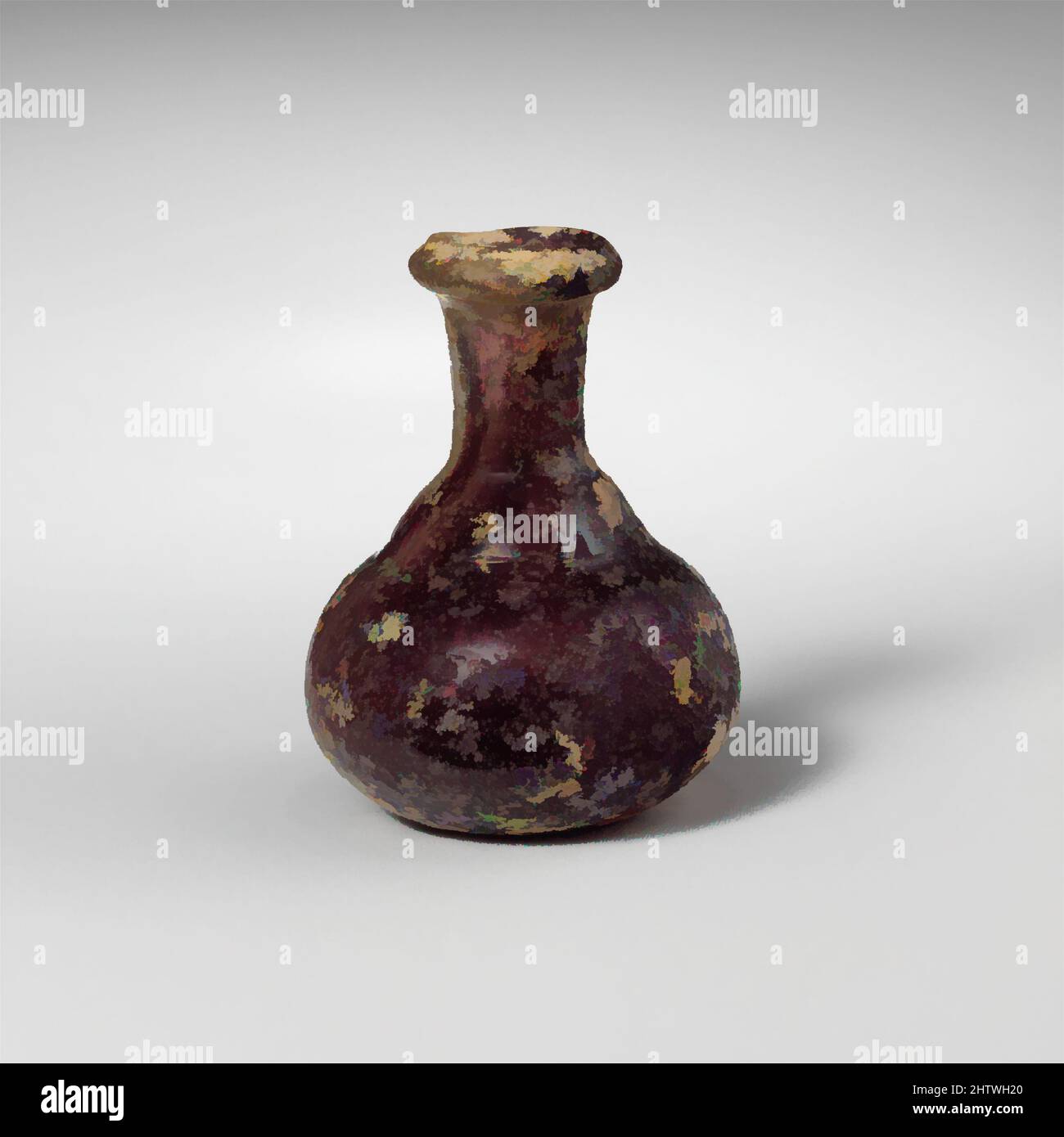 Arte ispirata a bottiglia di profumo di vetro, imperiale antico, 1st secolo d.C., romana, vetro; Bruciato, totale: 1 3/4in. (4,5cm), vetro, viola manganese translucido con macchie incolori. Cerchio ripiegato, sopra e dentro, con labbro interno verticale; collo cilindrico rastremato verso il basso, con, opere classiche modernizzate da Artotop con un tuffo di modernità. Forme, colore e valore, impatto visivo accattivante sulle emozioni artistiche attraverso la libertà delle opere d'arte in modo contemporaneo. Un messaggio senza tempo che persegue una nuova direzione selvaggiamente creativa. Artisti che si rivolgono al supporto digitale e creano l'NFT Artotop Foto Stock