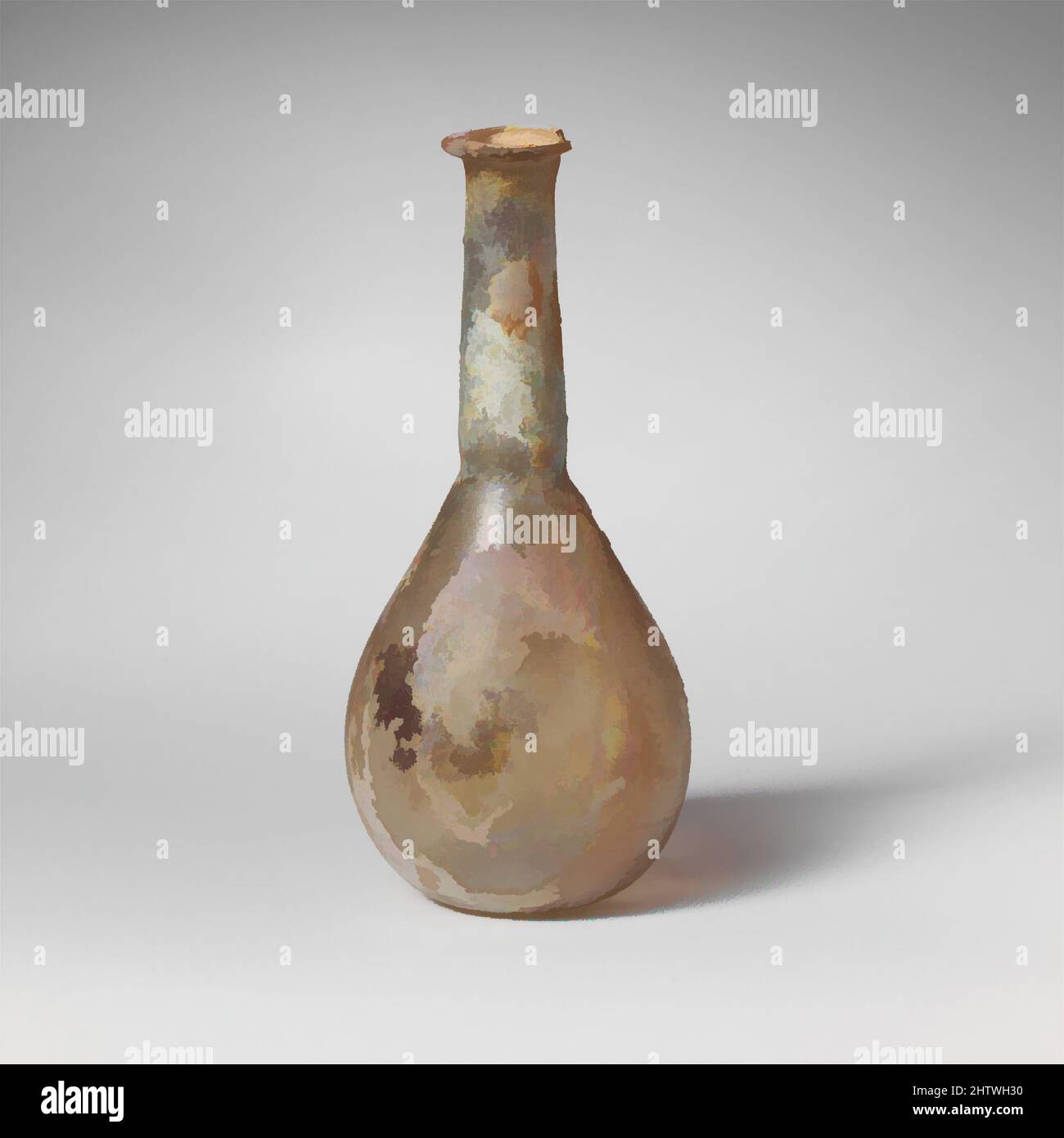 Arte ispirata a bottiglia di profumo di vetro, da Imperiale di inizio a Medio, 1st–2nd secolo d.C., Roman, vetro, totale: 4 1/8in. (10,5cm), vetro, traslucido blu chiaro verde. Cerchio ripiegato, sopra e dentro, appiattito sulla superficie superiore; collo cilindrico alto, che si espande verso il basso e con rientranze a utensili, opere classiche modernizzate da Artotop con un tuffo di modernità. Forme, colore e valore, impatto visivo accattivante sulle emozioni artistiche attraverso la libertà delle opere d'arte in modo contemporaneo. Un messaggio senza tempo che persegue una nuova direzione selvaggiamente creativa. Artisti che si rivolgono al supporto digitale e creano l'NFT Artotop Foto Stock