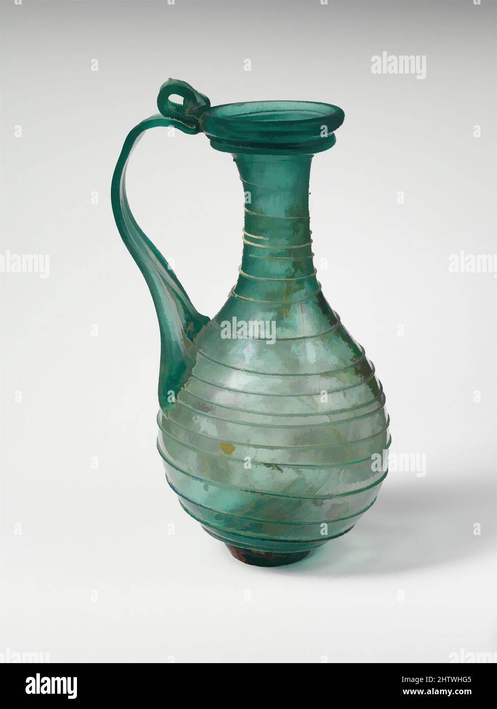 Arte ispirata alla caraffa di vetro, tardo imperiale, 3rd–4th secolo d.C., romana, vetro; Soffiato e trainato, H.: 5 1/4 x 2 5/8 x 1 1/2 x 15/16 poll. (13,3 x 6,7 x 3,8 x 2,4 cm), vetro, traslucido blu verde intenso; manico, poggiapiedi ad anello e sentieri dello stesso colore, ma anche poggiapiedi leggermente cosparsi di, opere classiche modernizzate da Artotop con un tuffo di modernità. Forme, colore e valore, impatto visivo accattivante sulle emozioni artistiche attraverso la libertà delle opere d'arte in modo contemporaneo. Un messaggio senza tempo che persegue una nuova direzione selvaggiamente creativa. Artisti che si rivolgono al supporto digitale e creano l'NFT Artotop Foto Stock