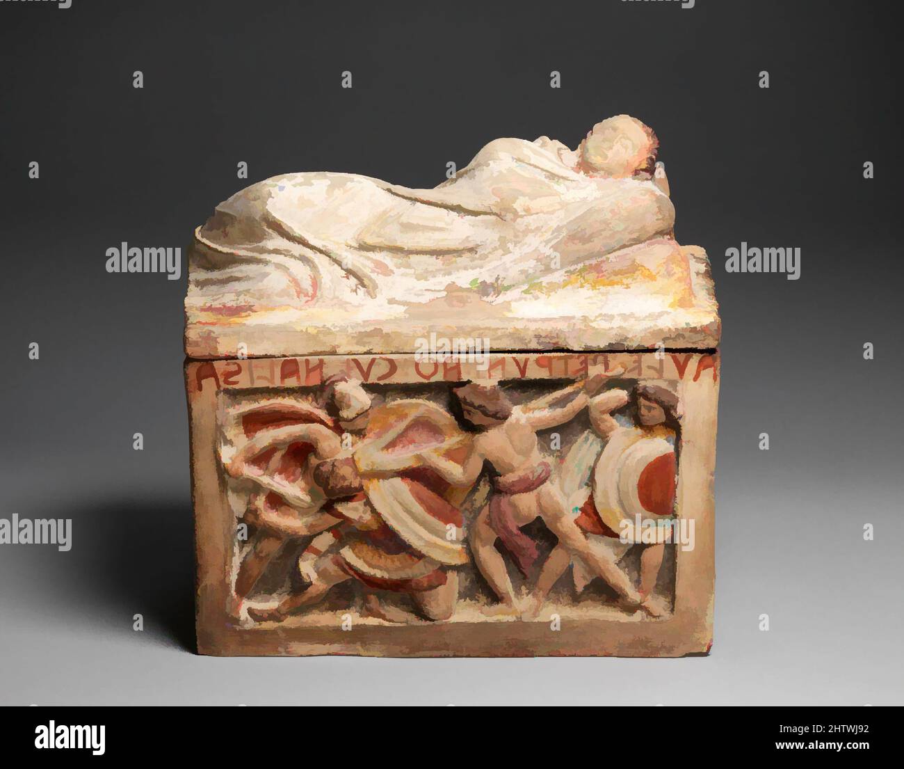 Arte ispirata all'urna cineraria di terracotta, ellenistica, 2nd sec. a.C., etrusca, terracotta, Totale (con coperchio): 13 7/16 x 13 15/16 x 7 1/8 pollici (34,2 x 35,4 x 18,1 cm), terracottas, il fregio raffigura uno dei soggetti più popolari sulle urne di terracotta etrusca, un uomo che usa un aratro come, opere classiche modernizzate da Artotop con un tuffo di modernità. Forme, colore e valore, impatto visivo accattivante sulle emozioni artistiche attraverso la libertà delle opere d'arte in modo contemporaneo. Un messaggio senza tempo che persegue una nuova direzione selvaggiamente creativa. Artisti che si rivolgono al supporto digitale e creano l'NFT Artotop Foto Stock