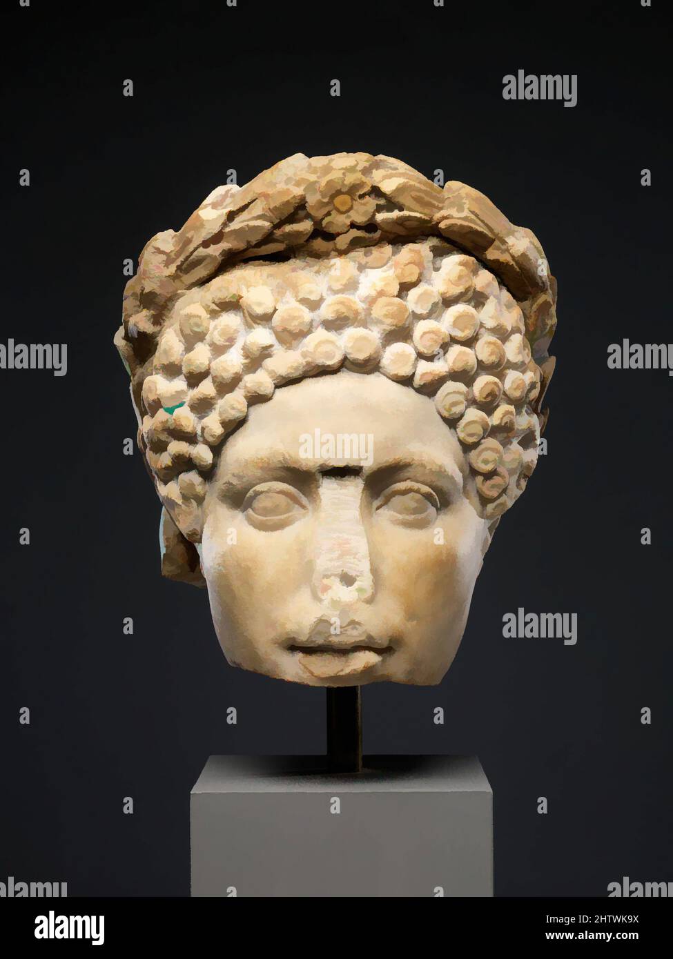 Arte ispirata dal ritratto testa di una donna, imperiale, flaviano o trajanic, 69–117 d.C., romana, Marmo, H. 10 1/4 poll. (26 cm), scultura in pietra, è stato sostenuto che questo ritratto rappresenta Diva Julia Augusta, la figlia dell'imperatore Tito, ma le sue caratteristiche erano diverse da quelle mostrate, opere classiche modernizzate da Artotop con un tuffo di modernità. Forme, colore e valore, impatto visivo accattivante sulle emozioni artistiche attraverso la libertà delle opere d'arte in modo contemporaneo. Un messaggio senza tempo che persegue una nuova direzione selvaggiamente creativa. Artisti che si rivolgono al supporto digitale e creano l'NFT Artotop Foto Stock