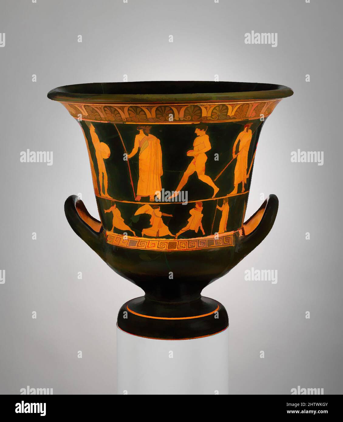Arte ispirata da Calyx-krater, classica, ca. 440 a.C., greco, attico, terracotta; figura rossa, Altro: 14 1/16 x 13 15/16 poll. (35,7 x 35,4 cm), vasi, sopra, atleti che praticano con gli allenatori, sotto, obverse, EOS che persegue Tithonos, inverso, giovane con due lance che perseguono la donna. Kraters, opere classiche modernizzate da Artotop con un tuffo di modernità. Forme, colore e valore, impatto visivo accattivante sulle emozioni artistiche attraverso la libertà delle opere d'arte in modo contemporaneo. Un messaggio senza tempo che persegue una nuova direzione selvaggiamente creativa. Artisti che si rivolgono al supporto digitale e creano l'NFT Artotop Foto Stock