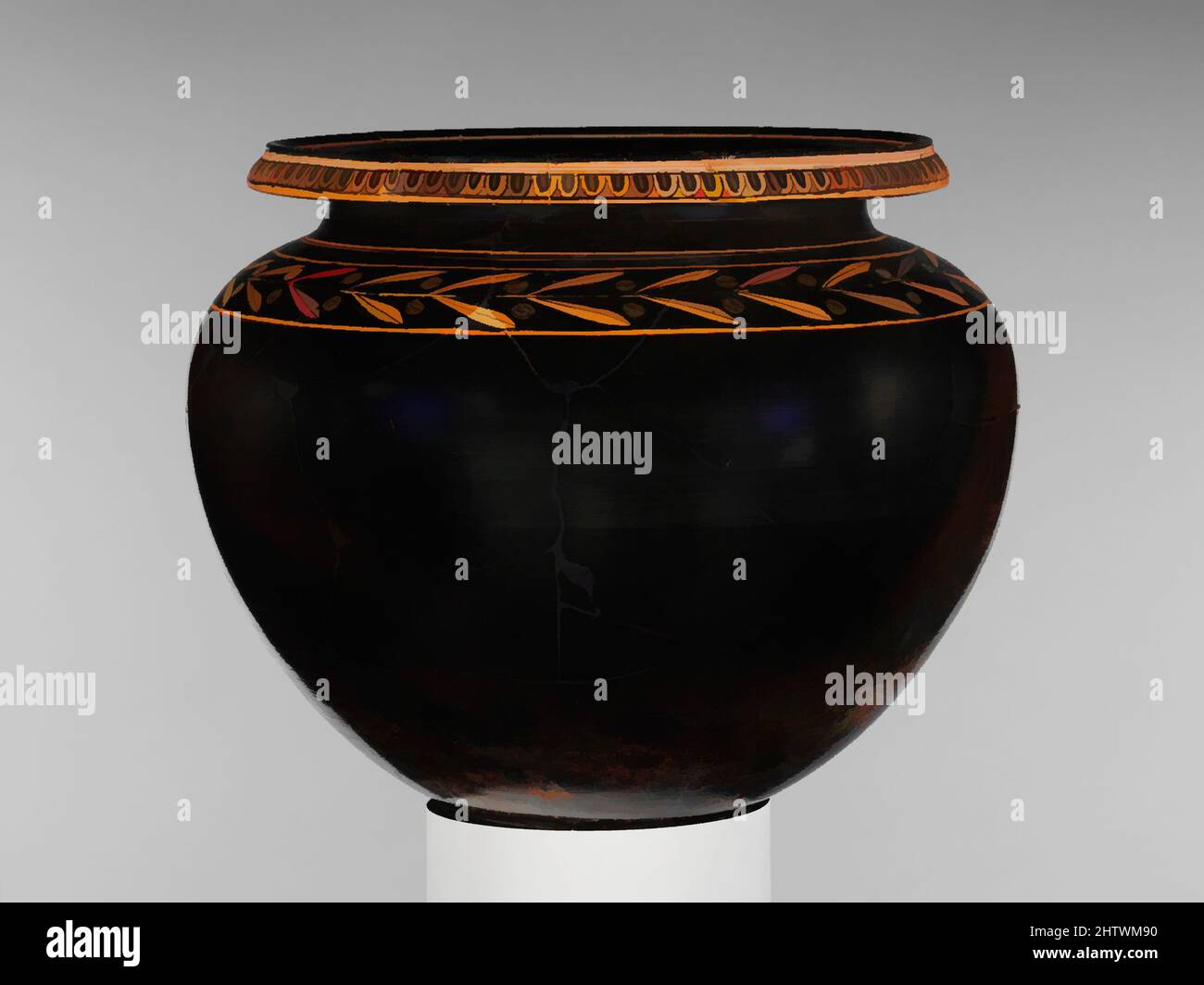 Arte ispirata a Lebe di terracotta (ciotola profonda), classica, ca. 450–425 a.C., greco, attico, terracotta; glassa nera, H. 10 1/2 poll. (26,7 cm), vasi, in simposi (feste di bere) e in altre occasioni, vasi sono stati fatti con tendini o steli di varie piante. Ivy e la vite erano, opere classiche modernizzate da Artotop con un tuffo di modernità. Forme, colore e valore, impatto visivo accattivante sulle emozioni artistiche attraverso la libertà delle opere d'arte in modo contemporaneo. Un messaggio senza tempo che persegue una nuova direzione selvaggiamente creativa. Artisti che si rivolgono al supporto digitale e creano l'NFT Artotop Foto Stock
