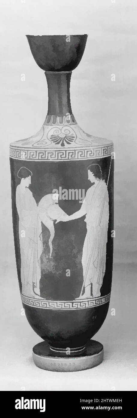 Arte ispirata a Terracotta lekythos (fiasca d'olio), classica, ca. 440–430 a.C., greco, attico, terracotta; figura rossa, H.: 14 1/4 x 4 3/8 poll. (36,2 x 11,1 cm), vasi, armamento giovanile. La bellezza e la fluidità del disegno del Pittore di Phiale sono evidenti in questa rappresentazione. La collocazione di, opere classiche modernizzate da Artotop con un tuffo di modernità. Forme, colore e valore, impatto visivo accattivante sulle emozioni artistiche attraverso la libertà delle opere d'arte in modo contemporaneo. Un messaggio senza tempo che persegue una nuova direzione selvaggiamente creativa. Artisti che si rivolgono al supporto digitale e creano l'NFT Artotop Foto Stock