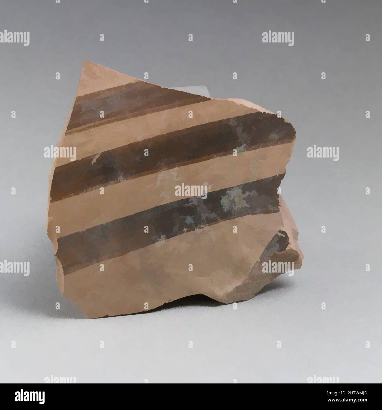 Arte ispirata da Vase Fragment, Late Elladic IIIA, ca. 1400–1300 a.C., miceneo, terracotta, 3 1/16 x 2 3/4 x 7/16 pollici (7,8 x 6,9 x 1,1 cm), vasi, opere classiche modernizzate da Artotop con un tocco di modernità. Forme, colore e valore, impatto visivo accattivante sulle emozioni artistiche attraverso la libertà delle opere d'arte in modo contemporaneo. Un messaggio senza tempo che persegue una nuova direzione selvaggiamente creativa. Artisti che si rivolgono al supporto digitale e creano l'NFT Artotop Foto Stock