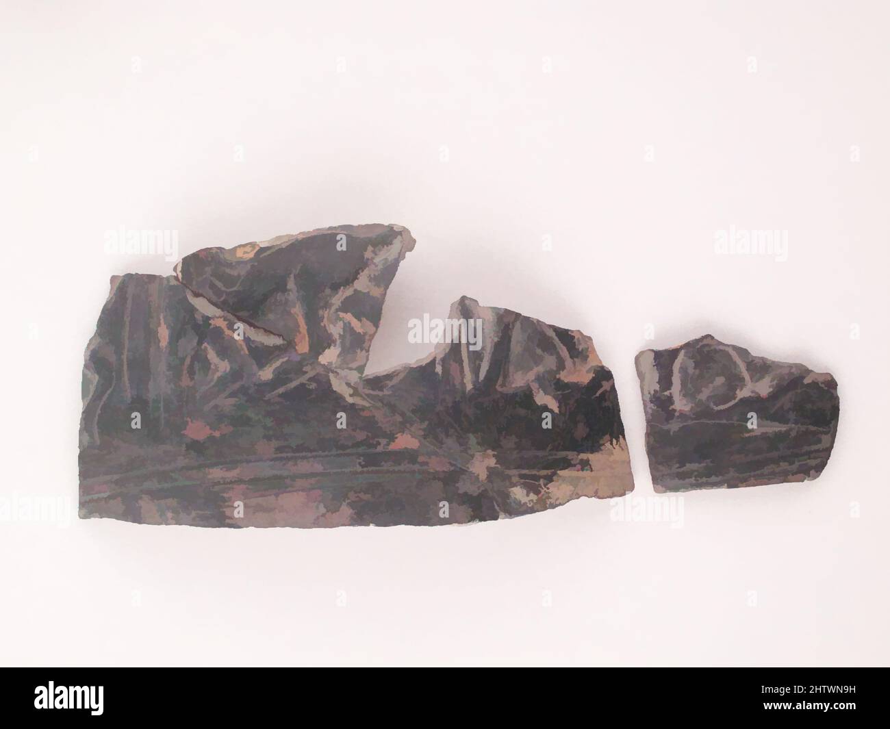 Arte ispirata da Vase Fragment, Archaic, ca. 575–550 a.C., Etrusco, Terracotta; bucchero pesante, totale: 2 15/16 x 6 1/2in. (7,4 x 16,5cm), vasi, parti di tre leoni in rilievo, opere classiche modernizzate da Artotop con un tuffo di modernità. Forme, colore e valore, impatto visivo accattivante sulle emozioni artistiche attraverso la libertà delle opere d'arte in modo contemporaneo. Un messaggio senza tempo che persegue una nuova direzione selvaggiamente creativa. Artisti che si rivolgono al supporto digitale e creano l'NFT Artotop Foto Stock