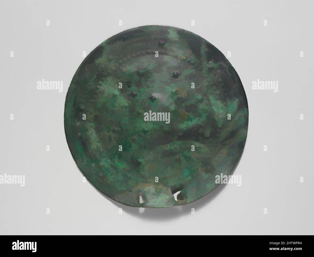 Arte ispirata da boss scudo Bronzo, Archaic, 7th secolo a.C., Etrusco, Bronzo, diametro 9 1/8in. (23,2cm), i bronzi, i dischi di bronzo Convex, spesso con ornamento punzonato o inciso, sono stati frequentemente attaccati a scudi di di legno, cuoio o bronzo. Molti degli scudi trovati in settimo, opere classiche modernizzate da Artotop con un tuffo di modernità. Forme, colore e valore, impatto visivo accattivante sulle emozioni artistiche attraverso la libertà delle opere d'arte in modo contemporaneo. Un messaggio senza tempo che persegue una nuova direzione selvaggiamente creativa. Artisti che si rivolgono al supporto digitale e creano l'NFT Artotop Foto Stock