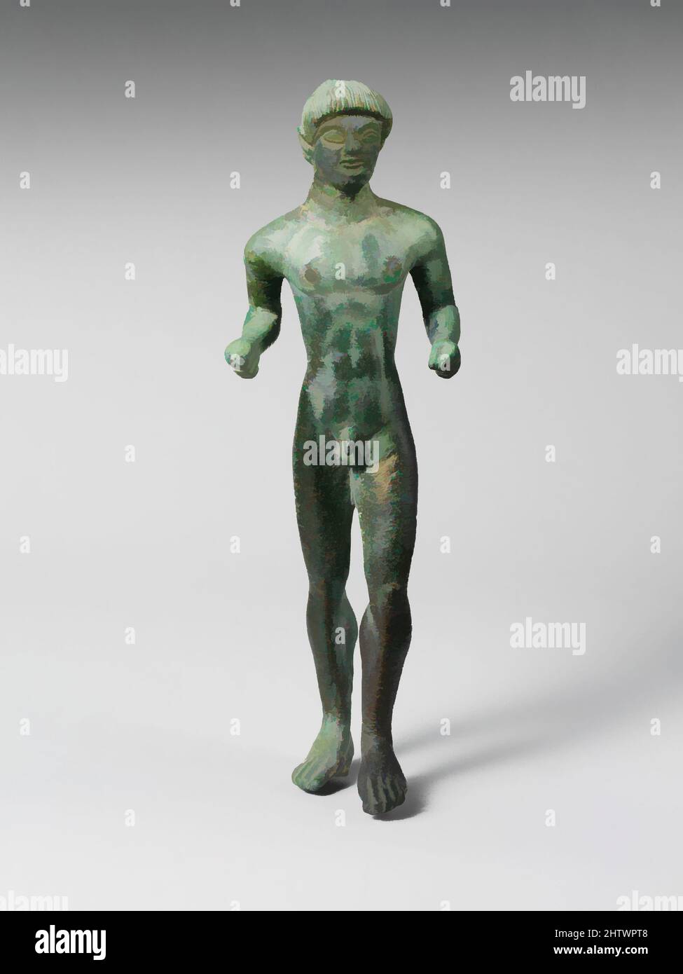 Arte ispirata da statuette di Bronzo di un giovane, arcaico, fine 6th secolo a.C., Etrusco, Bronzo, H.: 8 3/16 poll. (20,8 cm), Bronzi, questa giovane in bronzo a fusione solida si basa su prototipi greci. Si trattava probabilmente di un'offerta votiva dedicata ad un santuario etrusco, forse in risposta ad un'opera classica modernizzata da Artotop con un tuffo di modernità. Forme, colore e valore, impatto visivo accattivante sulle emozioni artistiche attraverso la libertà delle opere d'arte in modo contemporaneo. Un messaggio senza tempo che persegue una nuova direzione selvaggiamente creativa. Artisti che si rivolgono al supporto digitale e creano l'NFT Artotop Foto Stock