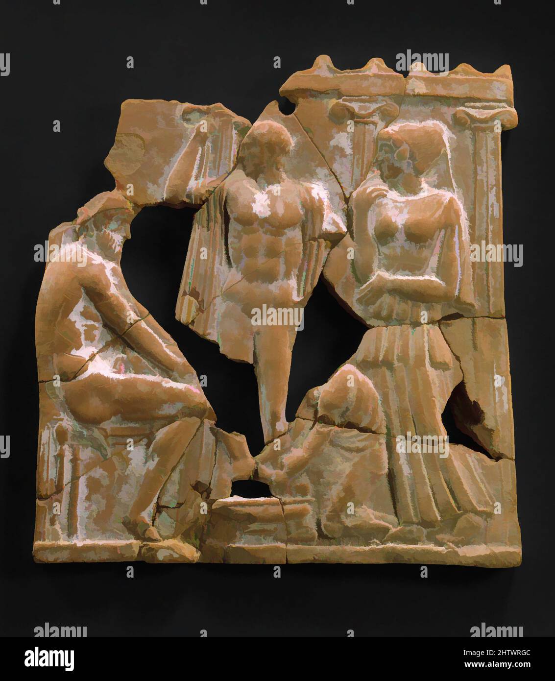 Arte ispirata alla placca di terracotta, classica, ca. 450 a.C., greco, meliano, terracotta, tuta: 7 3/4 x 7 5/16 pollici (19,7 x 18,6 cm), terracottas, Eurykleia lavando i piedi di Odysseus. Uno dei fili drammatici nel racconto del ritorno di Odysseus ad Ithaka è la rivelazione graduale di opere classiche modernizzate da Artotop con un tuffo di modernità. Forme, colore e valore, impatto visivo accattivante sulle emozioni artistiche attraverso la libertà delle opere d'arte in modo contemporaneo. Un messaggio senza tempo che persegue una nuova direzione selvaggiamente creativa. Artisti che si rivolgono al supporto digitale e creano l'NFT Artotop Foto Stock