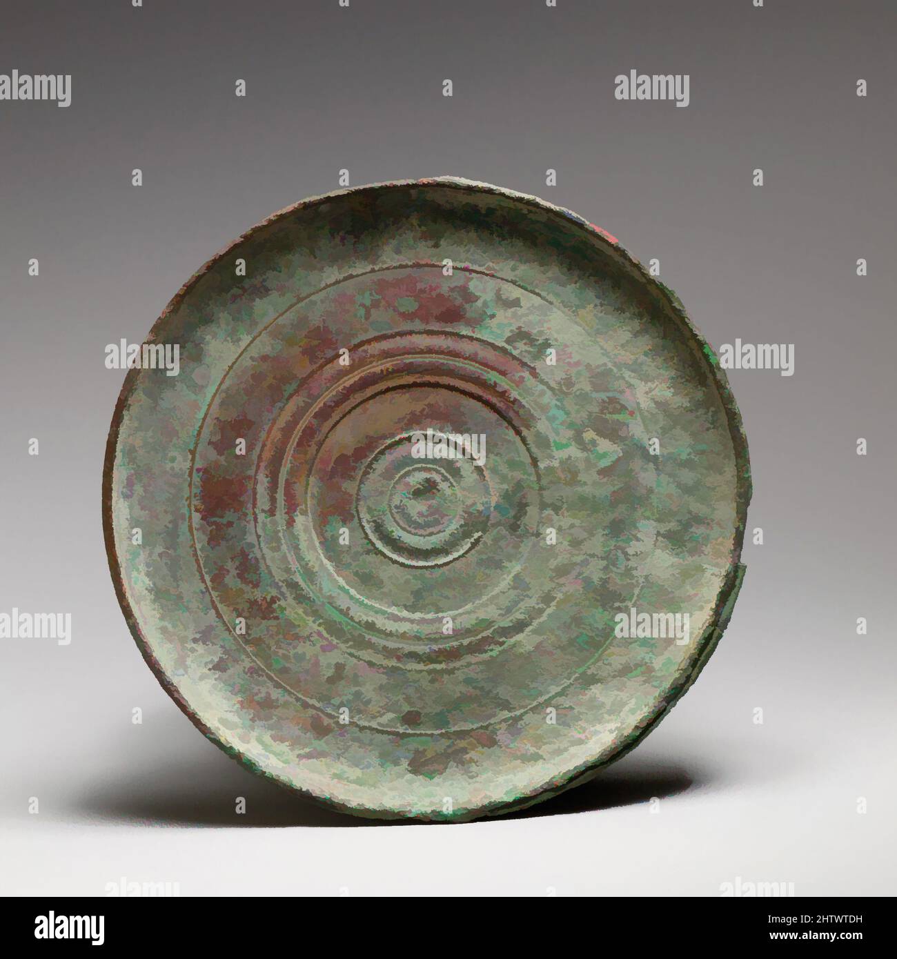 Arte ispirata da parte di uno specchio a scatola di bronzo, ellenistica, 2nd secolo a.C., greca, Bronzo, Diam.: 6 3/4 poll. (17,1 cm), Bronzi, questo oggetto è metà di uno specchio a scatola; avrebbe coperto la superficie riflettente, con le due parti fissate da una cerniera. Gli anelli concentrici indicano le opere classiche modernizzate da Artotop con un tuffo di modernità. Forme, colore e valore, impatto visivo accattivante sulle emozioni artistiche attraverso la libertà delle opere d'arte in modo contemporaneo. Un messaggio senza tempo che persegue una nuova direzione selvaggiamente creativa. Artisti che si rivolgono al supporto digitale e creano l'NFT Artotop Foto Stock Arte ispirata da parte di uno specchio a scatola di bronzo, ellenistica, 2nd secolo a.C., greca, Bronzo, Diam.: 6 3/4 poll. (17,1 cm), Bronzi, questo oggetto è metà di uno specchio a scatola; avrebbe coperto la superficie riflettente, con le due parti fissate da una cerniera. Gli anelli concentrici indicano le opere classiche modernizzate da Artotop con un tuffo di modernità. Forme, colore e valore, impatto visivo accattivante sulle emozioni artistiche attraverso la libertà delle opere d'arte in modo contemporaneo. Un messaggio senza tempo che persegue una nuova direzione selvaggiamente creativa. Artisti che si rivolgono al supporto digitale e creano l'NFT Artotop Foto Stock