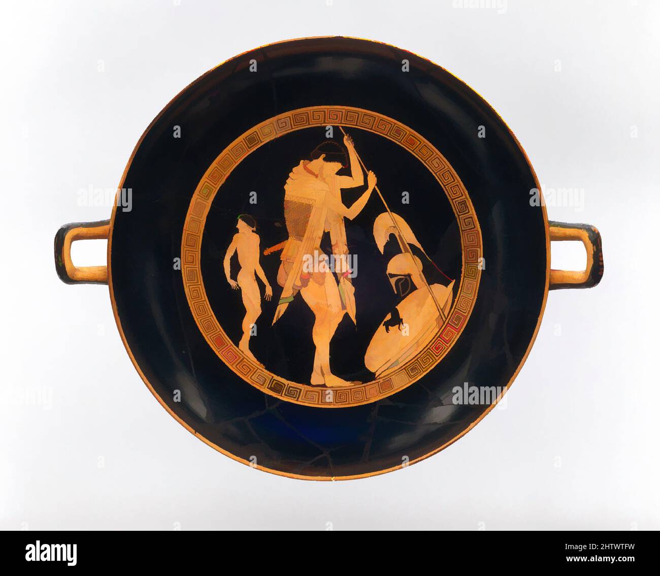 Arte ispirata a Terracotta kylix (tazza da bere), Archaic, ca. 500 a.C., greco, attico, terracotta; figura rossa, H. 5 3/16 poll. (13,2 cm); diametro 13 1/8" (33,3 cm), vasi, interni, guerriero e ragazzo, esterni, atleti. L'interno presenta una rappresentazione particolarmente fine ma anche sobria, opere classiche modernizzate da Artotop con un tuffo di modernità. Forme, colore e valore, impatto visivo accattivante sulle emozioni artistiche attraverso la libertà delle opere d'arte in modo contemporaneo. Un messaggio senza tempo che persegue una nuova direzione selvaggiamente creativa. Artisti che si rivolgono al supporto digitale e creano l'NFT Artotop Foto Stock