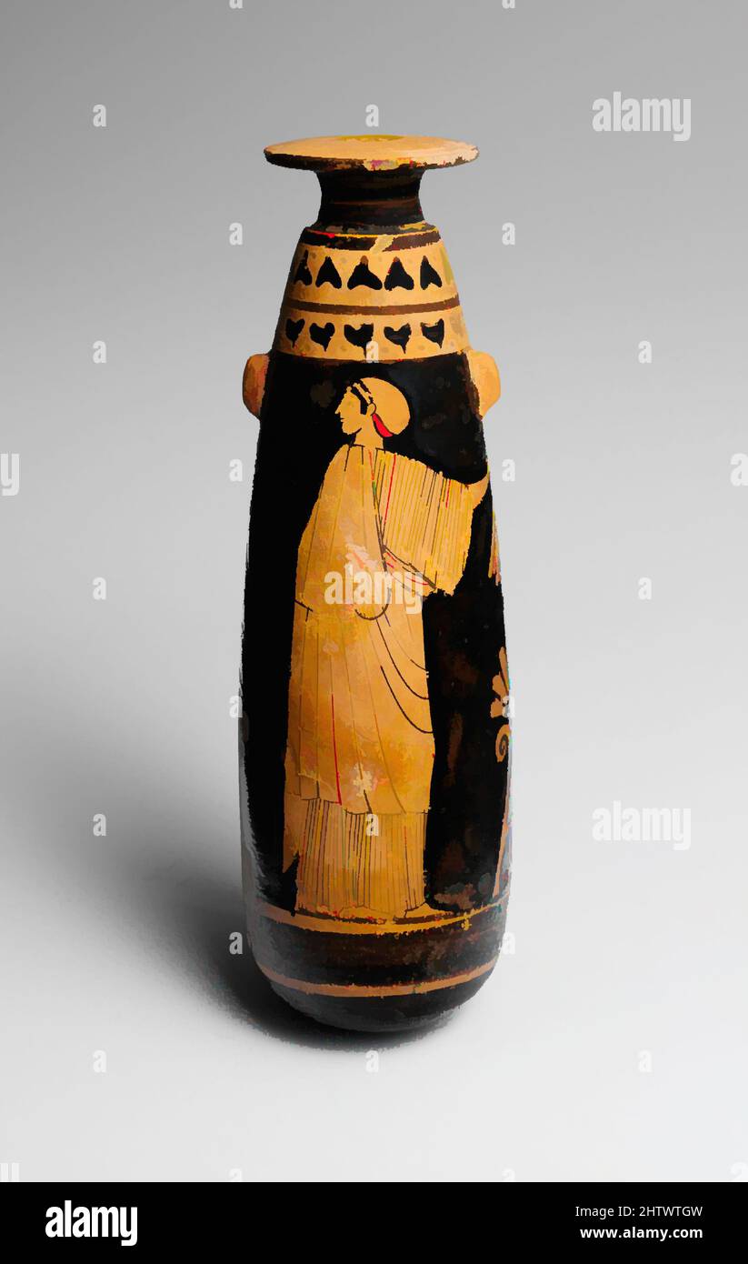 Arte ispirata a Terracotta alabastron (vaso di profumo), classica, ca. 480 a.C., greco, attico, terracotta; figura rossa, H. 5 13/16 poll. (14,7 cm); diametro 13/16" (2 cm), vasi, Donna e Nike all'altare, ciascuno con phiale.. Offrire libazioni sembra essere stato un ruolo importante per le donne, opere classiche modernizzate da Artotop con un tuffo di modernità. Forme, colore e valore, impatto visivo accattivante sulle emozioni artistiche attraverso la libertà delle opere d'arte in modo contemporaneo. Un messaggio senza tempo che persegue una nuova direzione selvaggiamente creativa. Artisti che si rivolgono al supporto digitale e creano l'NFT Artotop Foto Stock