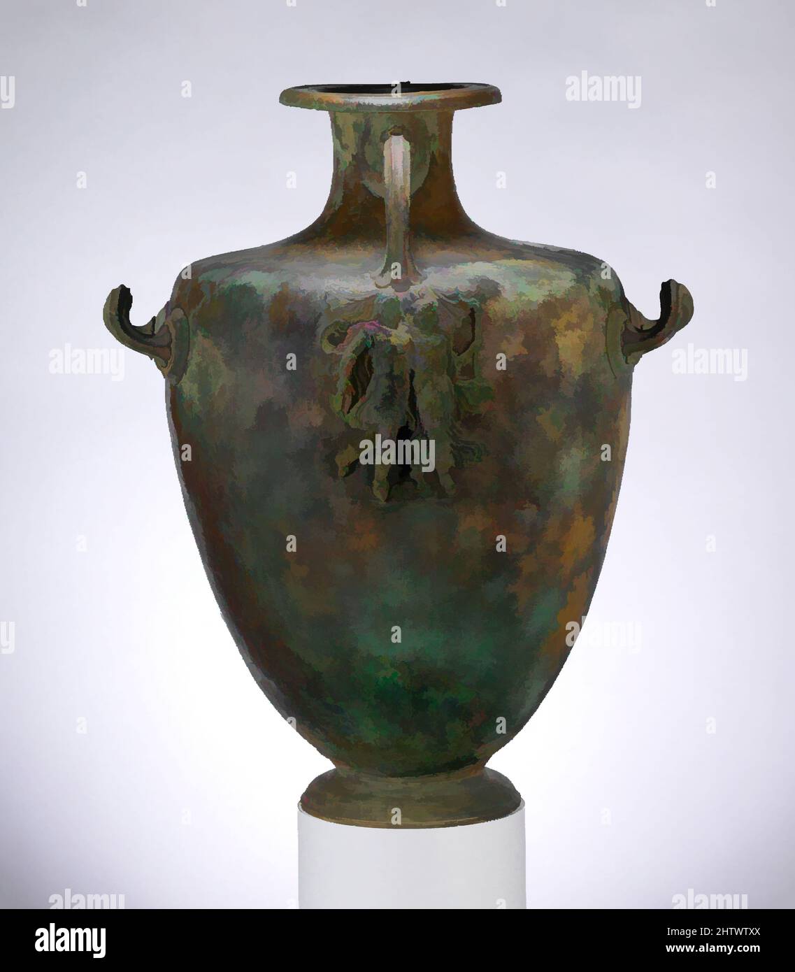 Arte ispirata a Bronze hydria (vaso d'acqua), classica, metà del 4th secolo a.C., greca, Bronzo, Totale: 19 1/16 poll. (48,4 cm), Bronzi, sulla placca dell'impugnatura, Dionysos e Ariadne. Nel IV secolo a.C., gli idruri di bronzo furono impreziositi da un rilievo separato sotto le opere classiche modernizzate da Artotop con un tuffo di modernità. Forme, colore e valore, impatto visivo accattivante sulle emozioni artistiche attraverso la libertà delle opere d'arte in modo contemporaneo. Un messaggio senza tempo che persegue una nuova direzione selvaggiamente creativa. Artisti che si rivolgono al supporto digitale e creano l'NFT Artotop Foto Stock