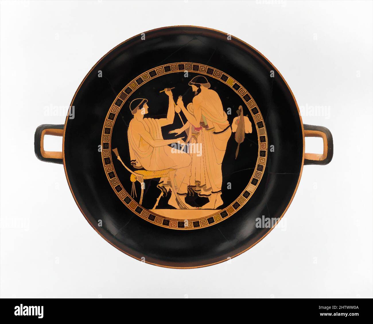 Arte ispirata al kylix di Terracotta, classica, ca. 480–470 a.C., greco, attico, terracotta; figura rossa, H. 4 3/8 poll. (11,1 cm), vasi, interni, giovani e uomini, esterni, obverse e reverse, giovani e uomini. L'interno mostra un uomo che proposita una giovinezza. La composizione è, opere classiche modernizzate da Artotop con un tuffo di modernità. Forme, colore e valore, impatto visivo accattivante sulle emozioni artistiche attraverso la libertà delle opere d'arte in modo contemporaneo. Un messaggio senza tempo che persegue una nuova direzione selvaggiamente creativa. Artisti che si rivolgono al supporto digitale e creano l'NFT Artotop Foto Stock