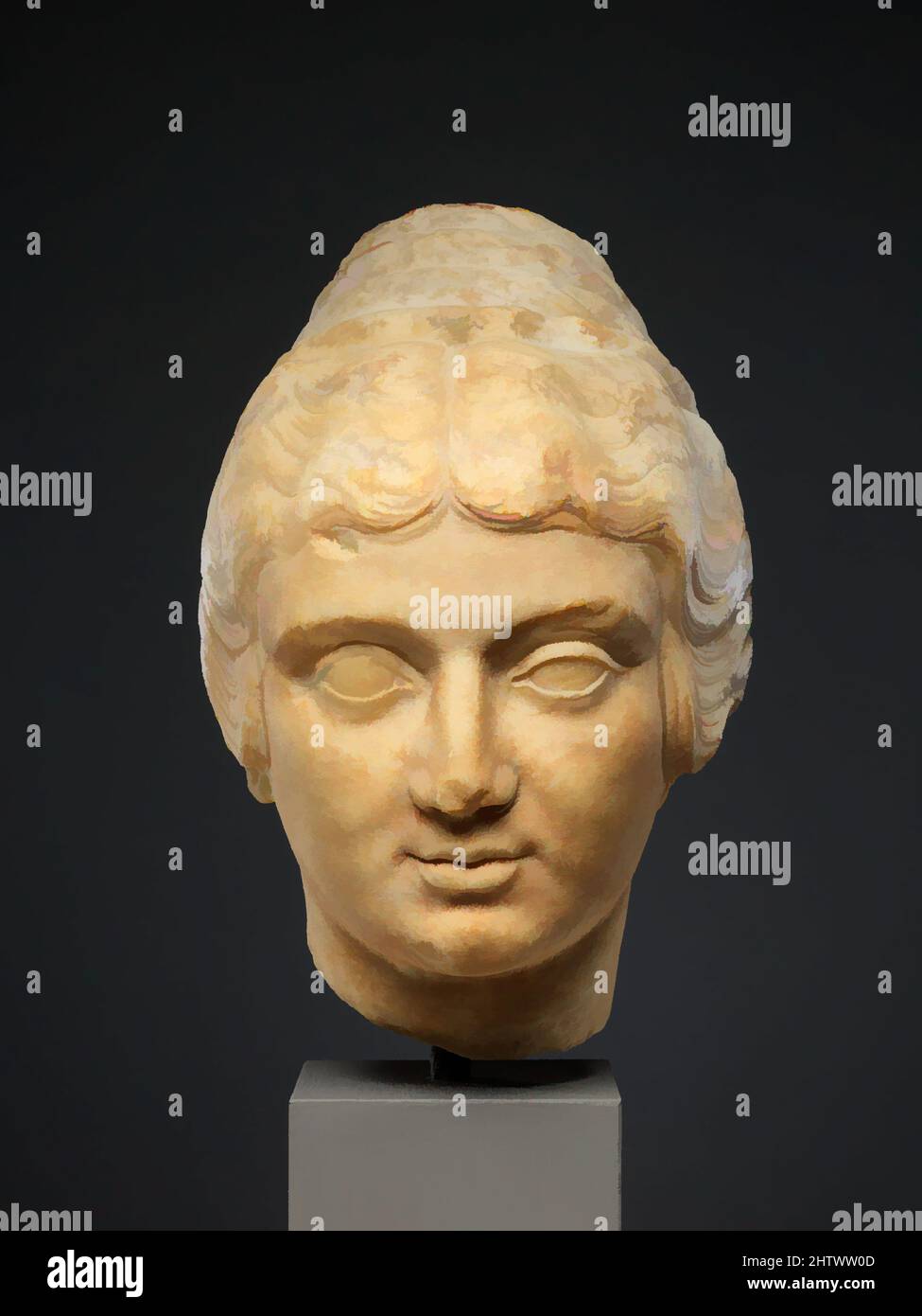 Arte ispirata da Marble testa di una donna, Antonina precoce, ca. A.D. 150, romano, marmo, 8 x 7 1/2 x 10 1/4 pollici (20,3 x 19,1 x 26 cm), scultura in pietra, testa di una donna con rielaborazione radicale. I luoghi che sono stati rielaborati sono facili da rilevare dal loro colore chiaro. Dove superficie antica, opere classiche modernizzate da Artotop con un tuffo di modernità. Forme, colore e valore, impatto visivo accattivante sulle emozioni artistiche attraverso la libertà delle opere d'arte in modo contemporaneo. Un messaggio senza tempo che persegue una nuova direzione selvaggiamente creativa. Artisti che si rivolgono al supporto digitale e creano l'NFT Artotop Foto Stock