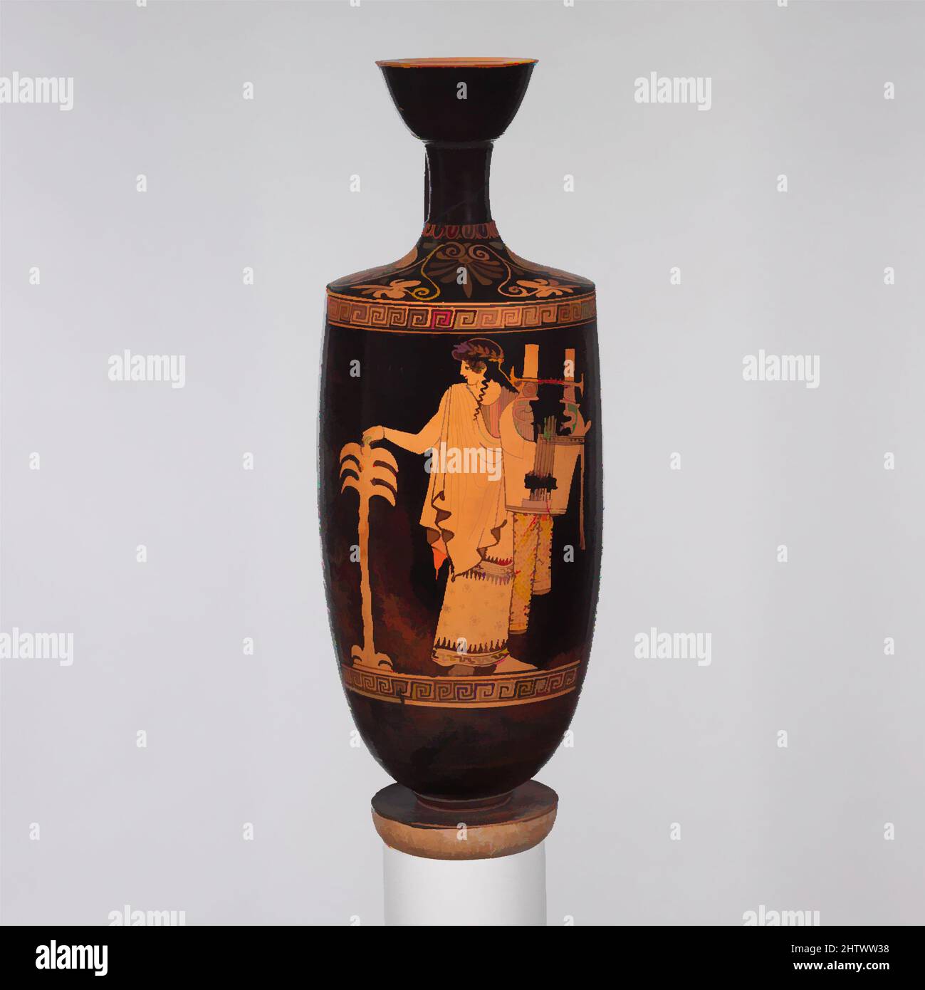 Arte ispirata a Terracotta lekythos (fiasca d'olio), classica, ca. 460–450 a.C., greco, attico, terracotta; figura rossa, H. 15 poll. (38,1 cm), vasi, obverso, Apollo con kithara (lira) e palma. Si dice che Leto abbia dato vita ad Apollo sotto una palma di datteri sull'isola delle Cicladi, opere classiche modernizzate da Artotop con un tuffo di modernità. Forme, colore e valore, impatto visivo accattivante sulle emozioni artistiche attraverso la libertà delle opere d'arte in modo contemporaneo. Un messaggio senza tempo che persegue una nuova direzione selvaggiamente creativa. Artisti che si rivolgono al supporto digitale e creano l'NFT Artotop Foto Stock