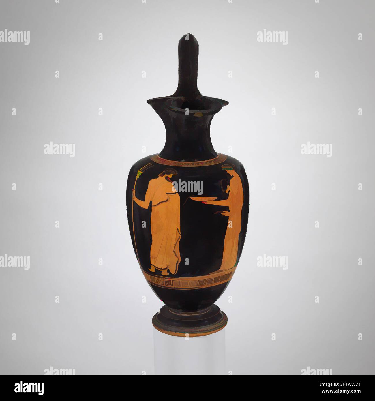 Arte ispirata a Terracotta oinochoe (brocca), classica, ca. 450–425 a.C., greco, attico, terracotta; figura rossa, H. con maniglia da 12 13/16 poll. (32,5 cm), vasi, Poseidone e donna. Poseidone è probabilmente da intendersi qui come il destinatario dell'offerta della donna. Da notare le due opere classiche modernizzate da Artotop con un tuffo di modernità. Forme, colore e valore, impatto visivo accattivante sulle emozioni artistiche attraverso la libertà delle opere d'arte in modo contemporaneo. Un messaggio senza tempo che persegue una nuova direzione selvaggiamente creativa. Artisti che si rivolgono al supporto digitale e creano l'NFT Artotop Foto Stock