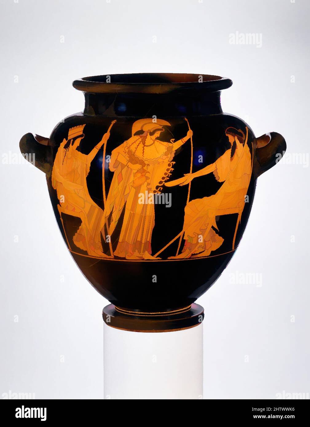 Arte ispirata a Terracotta Stamnos (vaso), Archaic, ca. 490 a.C., greco, attico, terracotta; figura rossa, 13 3/4 poll. (34,9 cm), vasi, Oversal, Atena tra Hera e Zeus, Reverse, guerriero che lascia casa. La caratteristica comune a entrambi i lati di questo timnos è l'offerta di una libazione. Su, opere classiche modernizzate da Artotop con un tuffo di modernità. Forme, colore e valore, impatto visivo accattivante sulle emozioni artistiche attraverso la libertà delle opere d'arte in modo contemporaneo. Un messaggio senza tempo che persegue una nuova direzione selvaggiamente creativa. Artisti che si rivolgono al supporto digitale e creano l'NFT Artotop Foto Stock