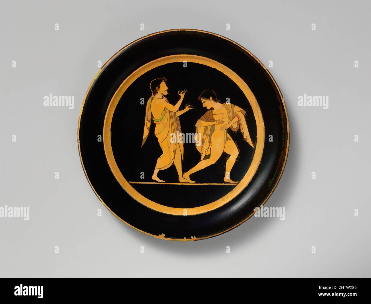 Arte ispirata alla piastra di terracotta, Arcaico, ca. 510 a.C., greco, attico, terracotta; figura rossa, Diam.: 7 1/2 poll. (19,1 cm), vasi, nel tondo, due rivelatori, uno che suona il doppio flauto, l'altro che tiene un skyphos (tazza profonda, opere classiche modernizzate da Artotop con un tuffo di modernità. Forme, colore e valore, impatto visivo accattivante sulle emozioni artistiche attraverso la libertà delle opere d'arte in modo contemporaneo. Un messaggio senza tempo che persegue una nuova direzione selvaggiamente creativa. Artisti che si rivolgono al supporto digitale e creano l'NFT Artotop Foto Stock