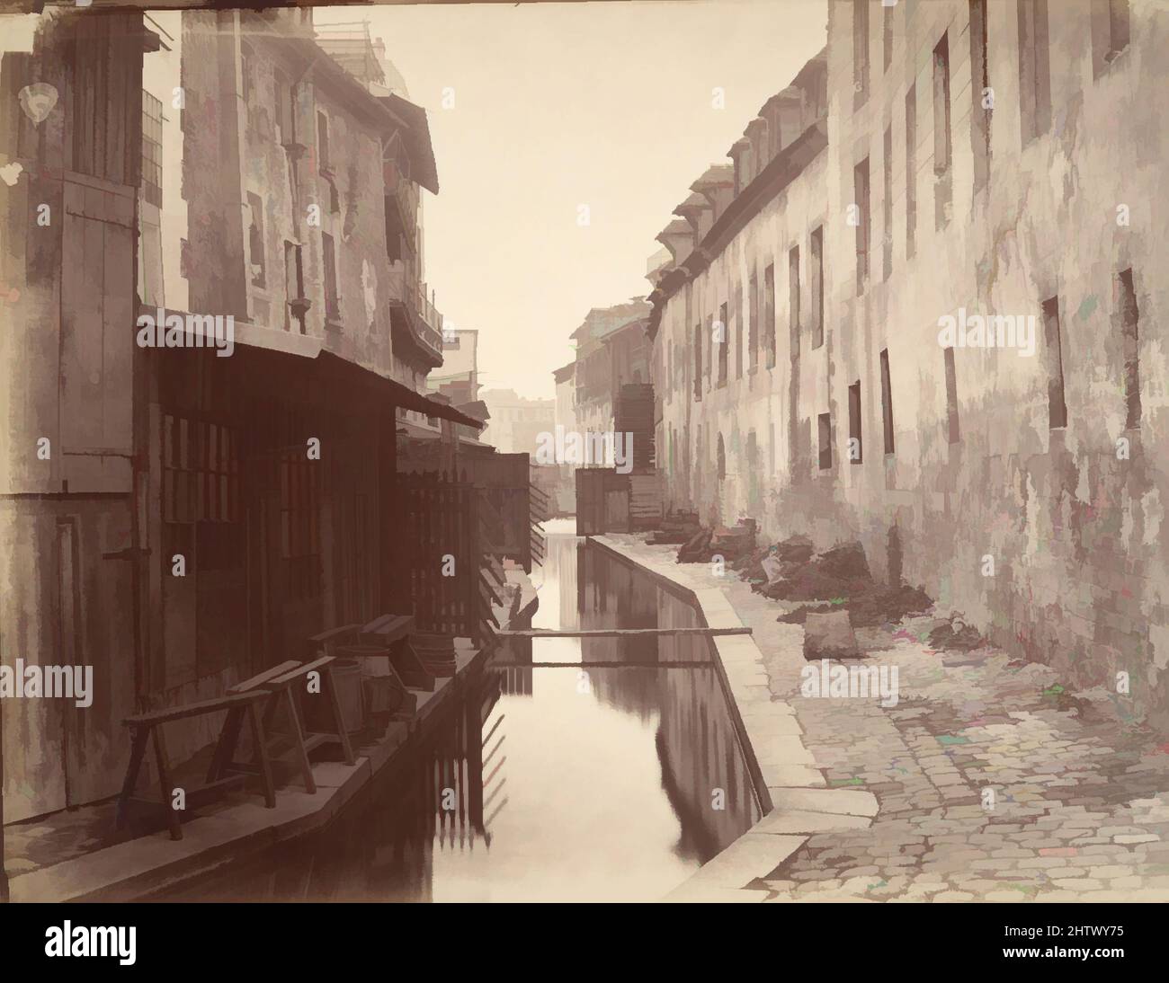 Arte ispirata a la Bièvre, ca. 1865, stampa argento albume da vetro negativo, 27,8 x 37,6 cm. (10 15/16 x 14 13/16 poll.), fotografie, Charles Marville (francese, Parigi 1813–1879 Parigi), come "fotografo ufficiale della città di Parigi", Charles Marville è stato incaricato di documentare, opere classiche modernizzate da Artotop con un tuffo di modernità. Forme, colore e valore, impatto visivo accattivante sulle emozioni artistiche attraverso la libertà delle opere d'arte in modo contemporaneo. Un messaggio senza tempo che persegue una nuova direzione selvaggiamente creativa. Artisti che si rivolgono al supporto digitale e creano l'NFT Artotop Foto Stock