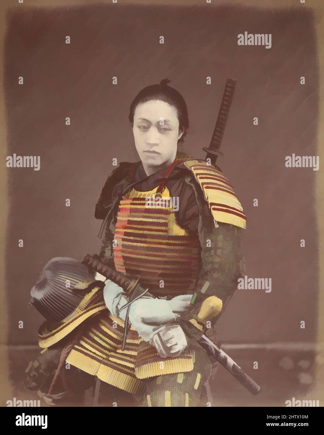 Art Inspired by Actor in Samurai Armor, 1870s, stampa in argento albume da vetro negativo, 24,6 x 18,9 cm (9 11/16 x 7 7/16 poll.), fotografie, Suzuki Shin'ichi (giapponese, 1835–1919), un avventuroso ufficiale proveniente dall'Impero austro-ungarico, Barone Raimund von Stillfried-Rathenitz, Opere classiche modernizzate da Artotop con un tocco di modernità. Forme, colore e valore, impatto visivo accattivante sulle emozioni artistiche attraverso la libertà delle opere d'arte in modo contemporaneo. Un messaggio senza tempo che persegue una nuova direzione selvaggiamente creativa. Artisti che si rivolgono al supporto digitale e creano l'NFT Artotop Foto Stock