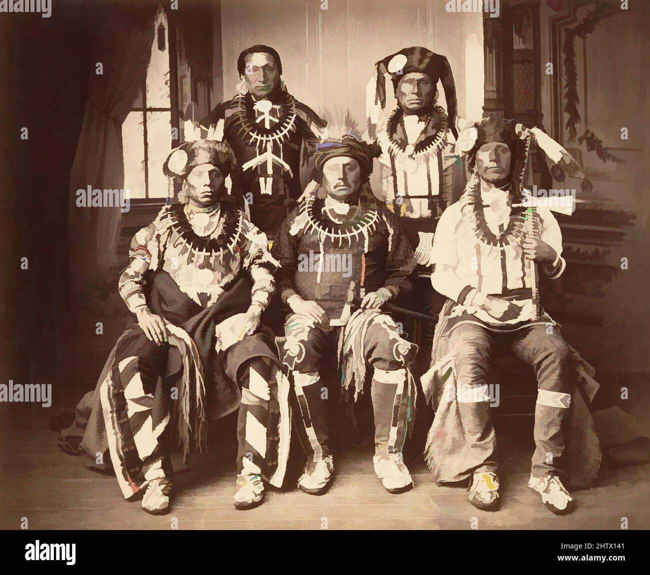 Art Inspired by Otep Delegation, 1881, stampa in argento albume da vetro negativo, 24 x 28,8 cm (9 7/16 x 11 5/16 in.), fotografie, Charles Milton Bell (americano, 1848–1893), il rapporto travagliato tra nativi e non nativi nordamericani è stato ben documentato dalla macchina fotografica. In, opere classiche modernizzate da Artotop con un tuffo di modernità. Forme, colore e valore, impatto visivo accattivante sulle emozioni artistiche attraverso la libertà delle opere d'arte in modo contemporaneo. Un messaggio senza tempo che persegue una nuova direzione selvaggiamente creativa. Artisti che si rivolgono al supporto digitale e creano l'NFT Artotop Foto Stock