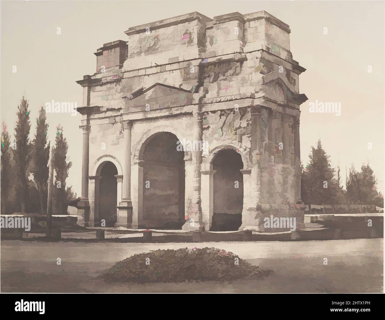 Art Inspired by Arc Antique à Orange, 1853, carta salata stampata da carta negativa, Image: 32,4 x 42,4 cm (12 3/4 x 16 11/16 in.), Photographs, Édouard Baldus (French, Born Prussia, 1813–1889), Nel 1853 Baldus viaggiò in tutta la Provenza, registrando le opere classiche antiche e medievali della regione modernizzate da Artotop con un tuffo di modernità. Forme, colore e valore, impatto visivo accattivante sulle emozioni artistiche attraverso la libertà delle opere d'arte in modo contemporaneo. Un messaggio senza tempo che persegue una nuova direzione selvaggiamente creativa. Artisti che si rivolgono al supporto digitale e creano l'NFT Artotop Foto Stock