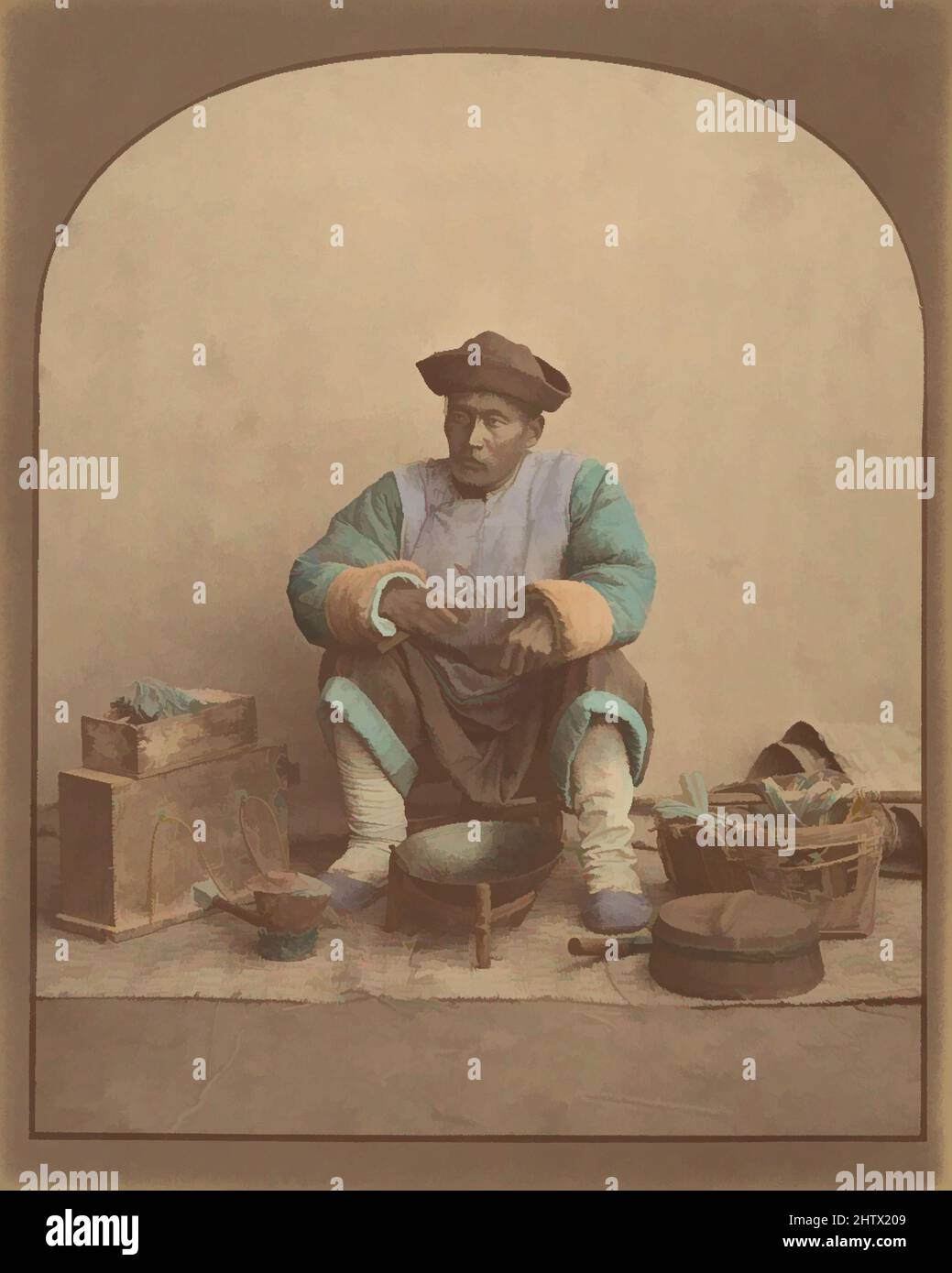 Art Inspired by Chinese Man Sitting with Tools, 1870s, stampa in argento albume da vetro negativo, 23,7 x 19,3 cm (9 5/16 x 7 5/8 in.), fotografie, Unknown, opere classiche modernizzate da Artotop con un tuffo di modernità. Forme, colore e valore, impatto visivo accattivante sulle emozioni artistiche attraverso la libertà delle opere d'arte in modo contemporaneo. Un messaggio senza tempo che persegue una nuova direzione selvaggiamente creativa. Artisti che si rivolgono al supporto digitale e creano l'NFT Artotop Foto Stock